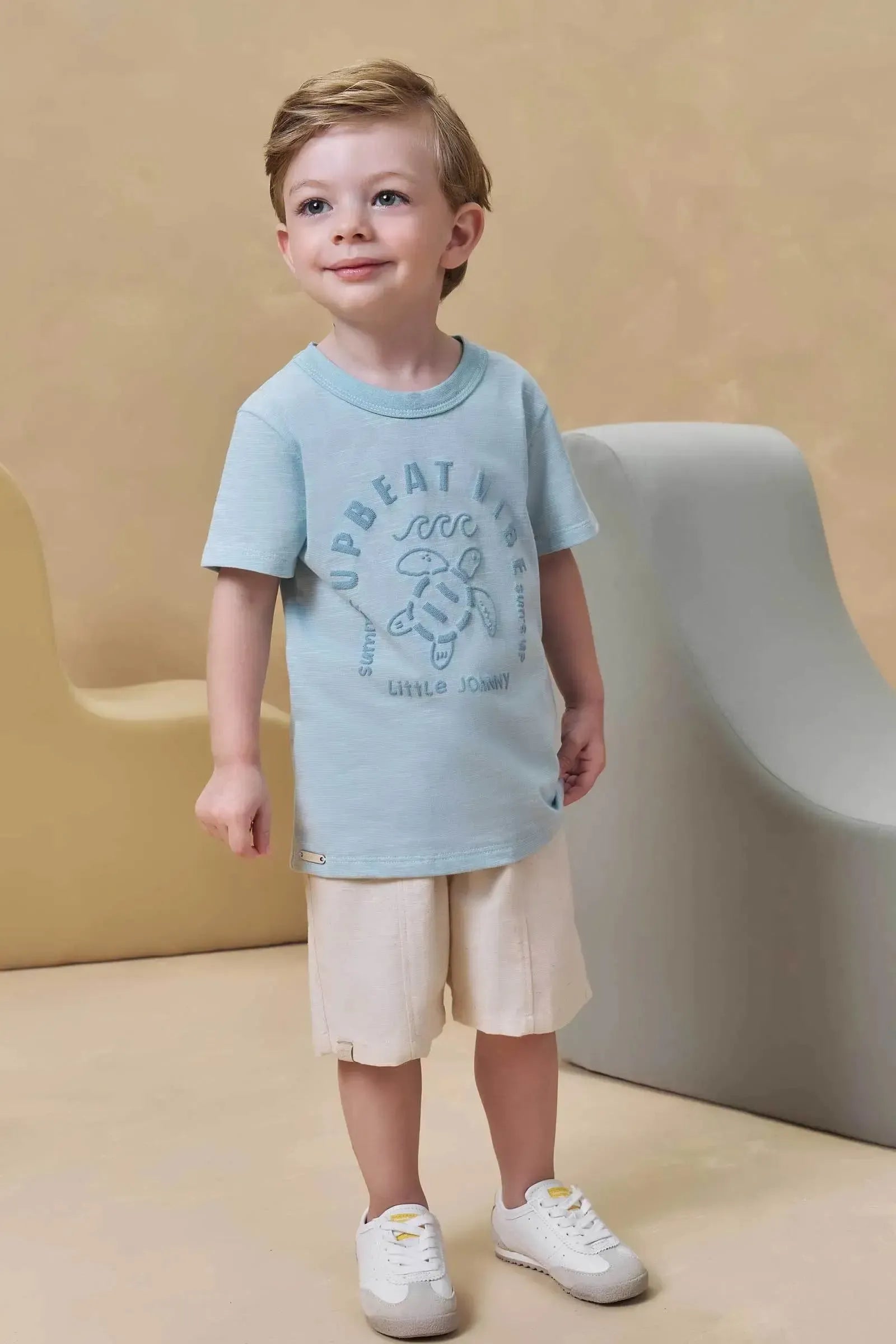 Conjunto de Camiseta em Meia Malha Mesclada e Bermuda em Linho Santorine com Elastano 95171 Johnny Fox Teen Menino