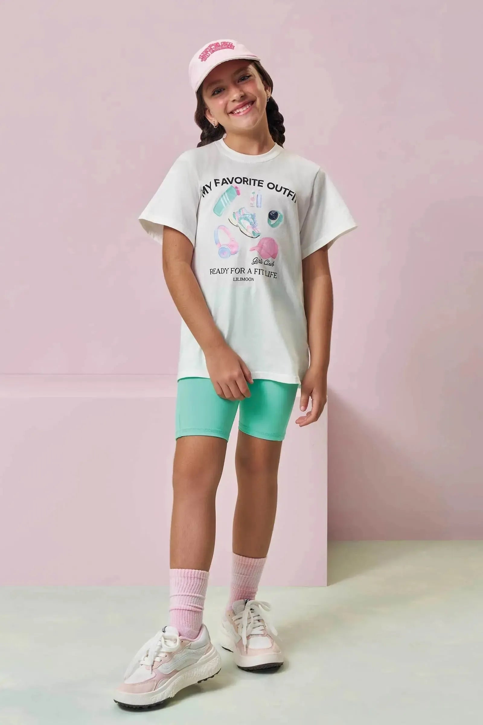 Conjunto de Camiseta Over em Meia Malha e Bermuda Biker em Malha Poliamida UV 50+ 96484 Lilimoon Teen Menina