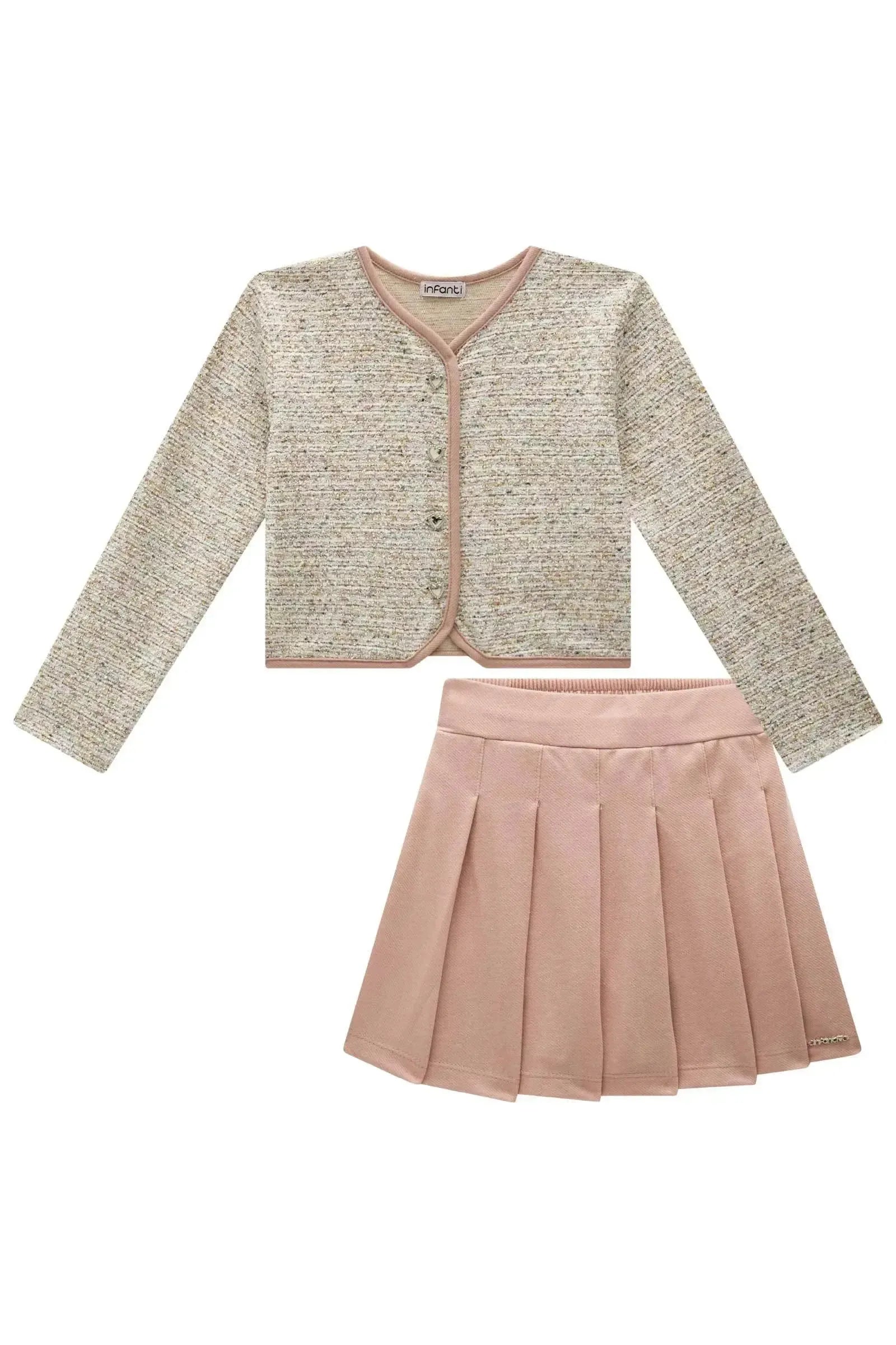 Conjunto de Casaco Boxy em Malha Tweed e Short Saia em Cotton Jeans 92330 Infanti Infantil Menina