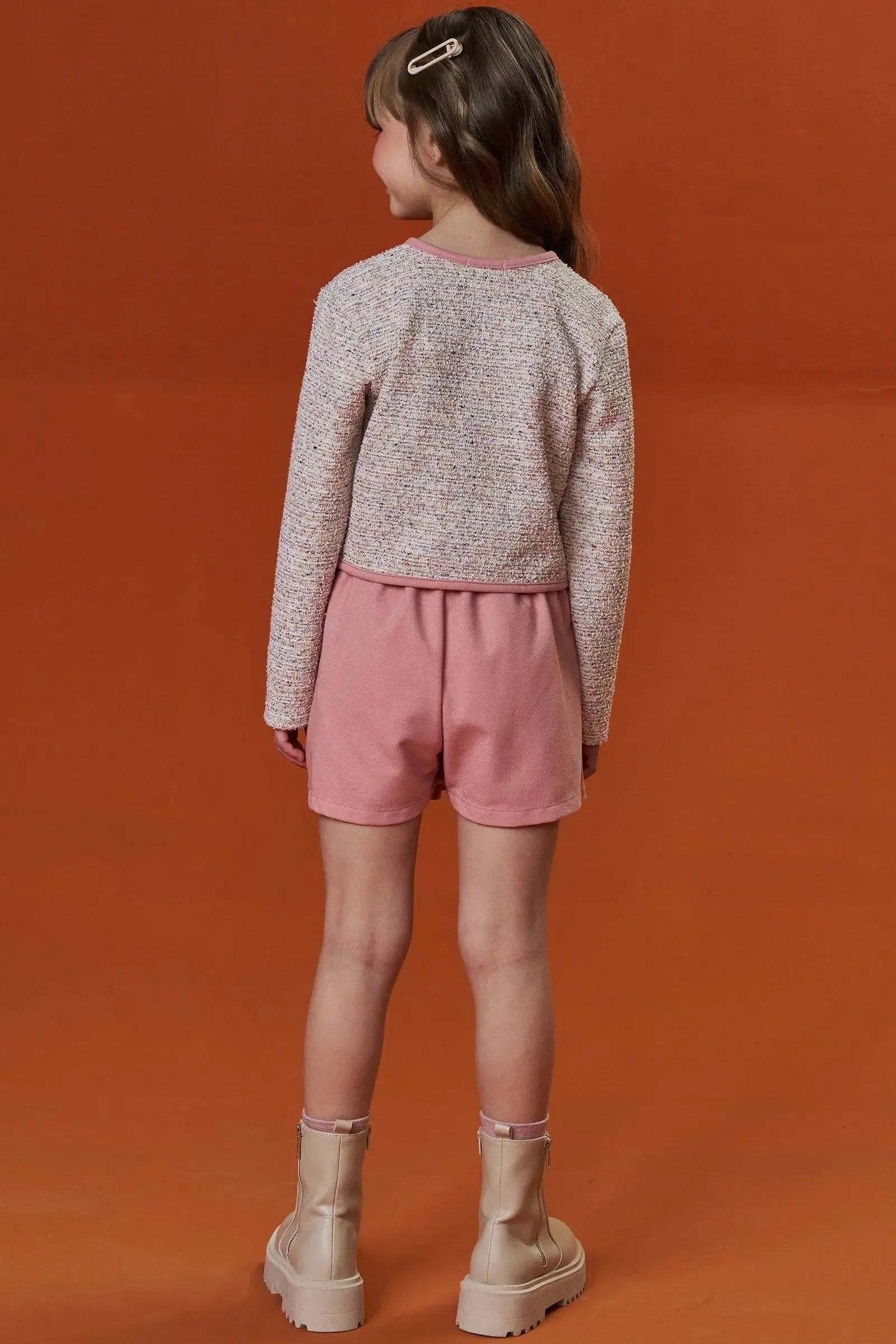 Conjunto de Casaco Boxy em Malha Tweed e Short Saia em Cotton Jeans 92330 Infanti Infantil Menina