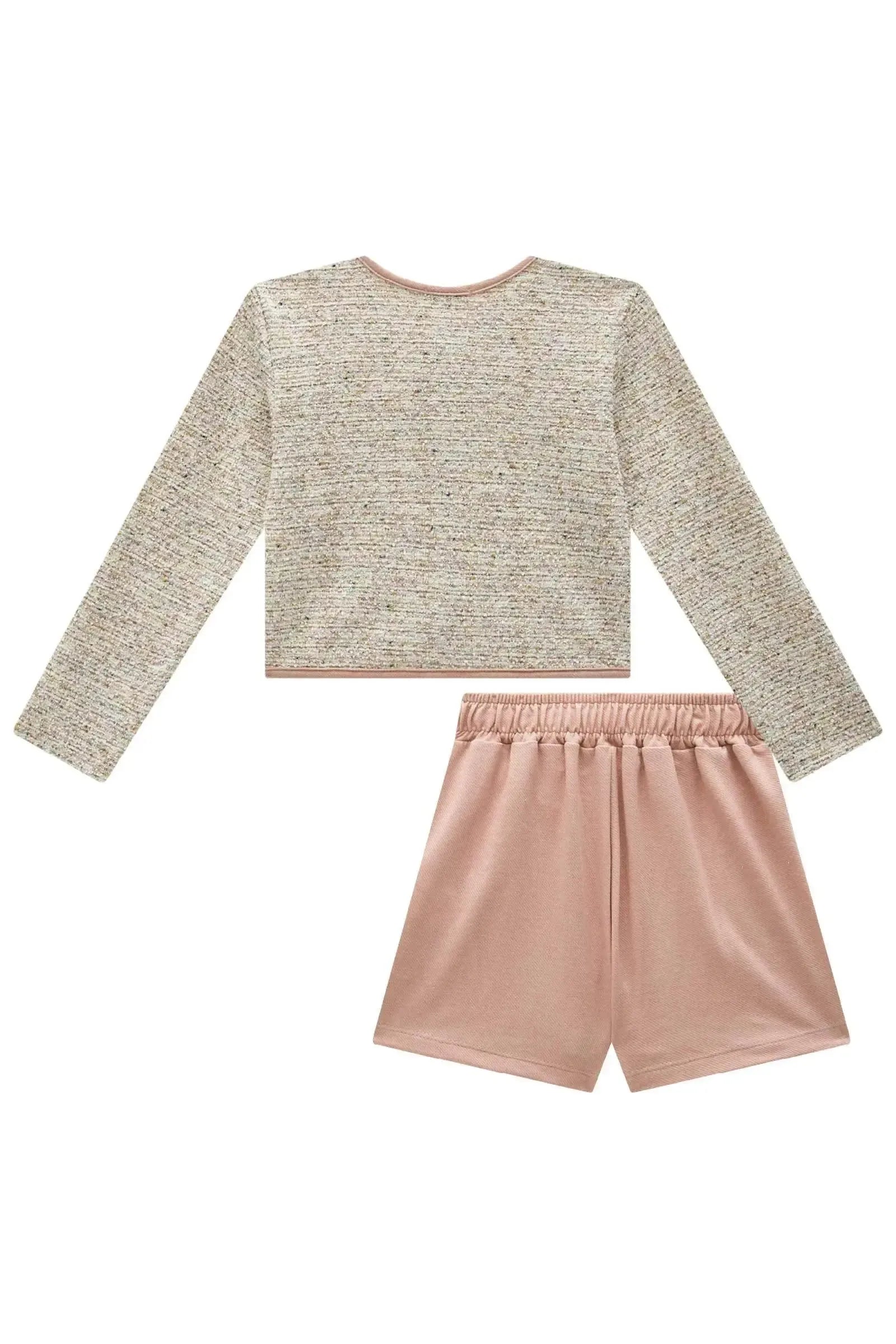 Conjunto de Casaco Boxy em Malha Tweed e Short Saia em Cotton Jeans 92330 Infanti Infantil Menina