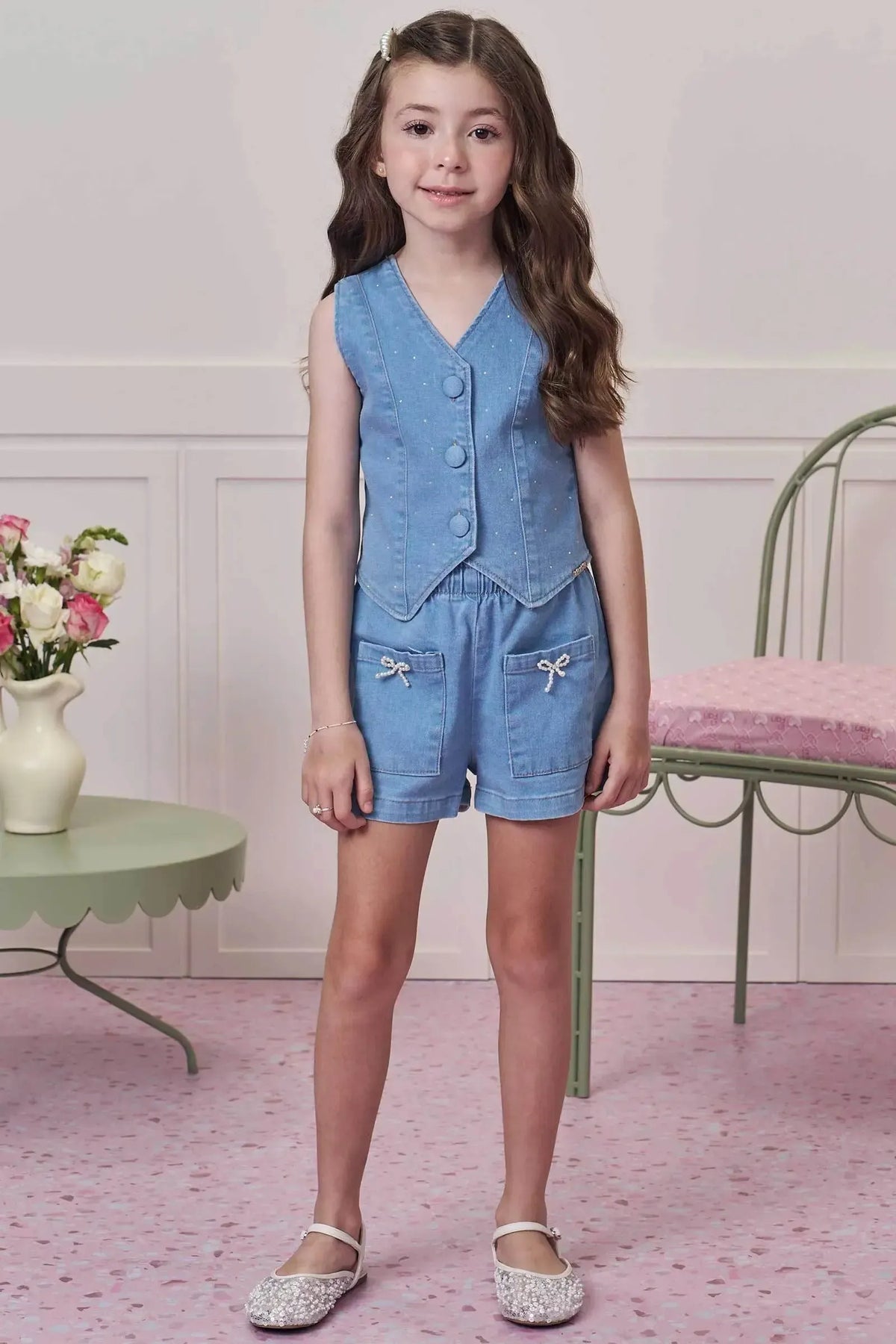 Conjunto de Colete e Shorts em Jeans com Elastano 93234 Infanti Infantil Menina
