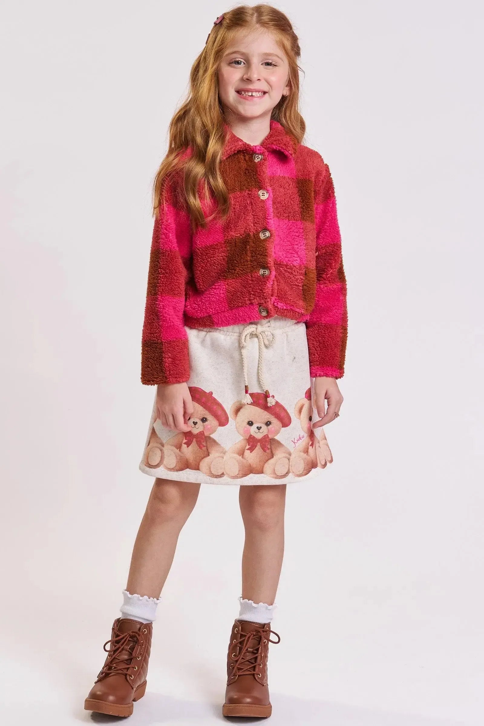 Conjunto de Jaqueta Boxy em Pelo Maxi Sheep e Short Saia em Moletom com Pelúcia 92508 Kukiê Infantil Menina