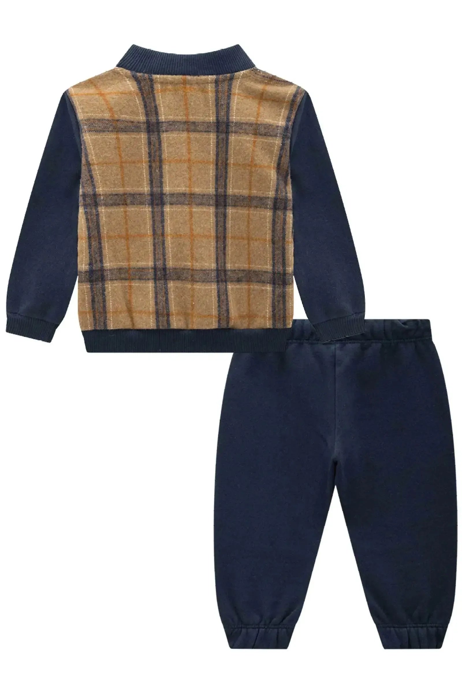 Conjunto de Jaqueta em Flanela Xadrez e Moletom e Calça em Moletom com Pelúcia 92038 LucBoo Bebê Menino