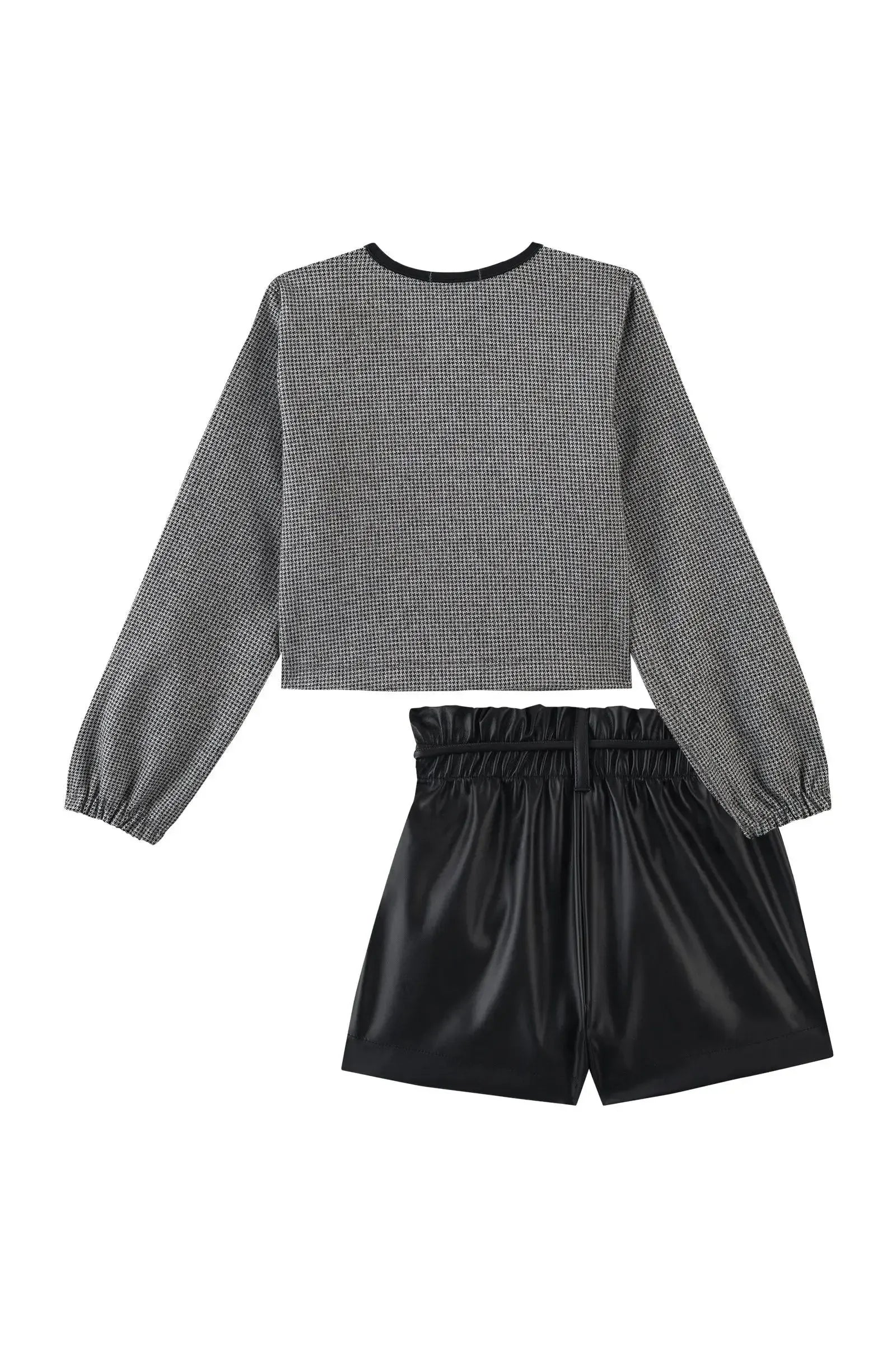 Conjunto de Jaqueta em Lã Pied de Poule e Shorts em Couro Eco 90278 Kukiê Infantil Menina