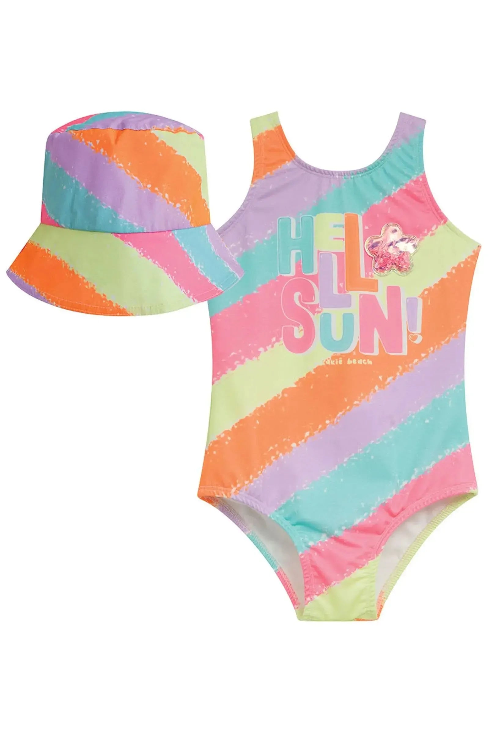 Conjunto de Maiô em Malha com Proteção UV50+ e Bucket em Nylon 95295 Kukiê Infantil Menina