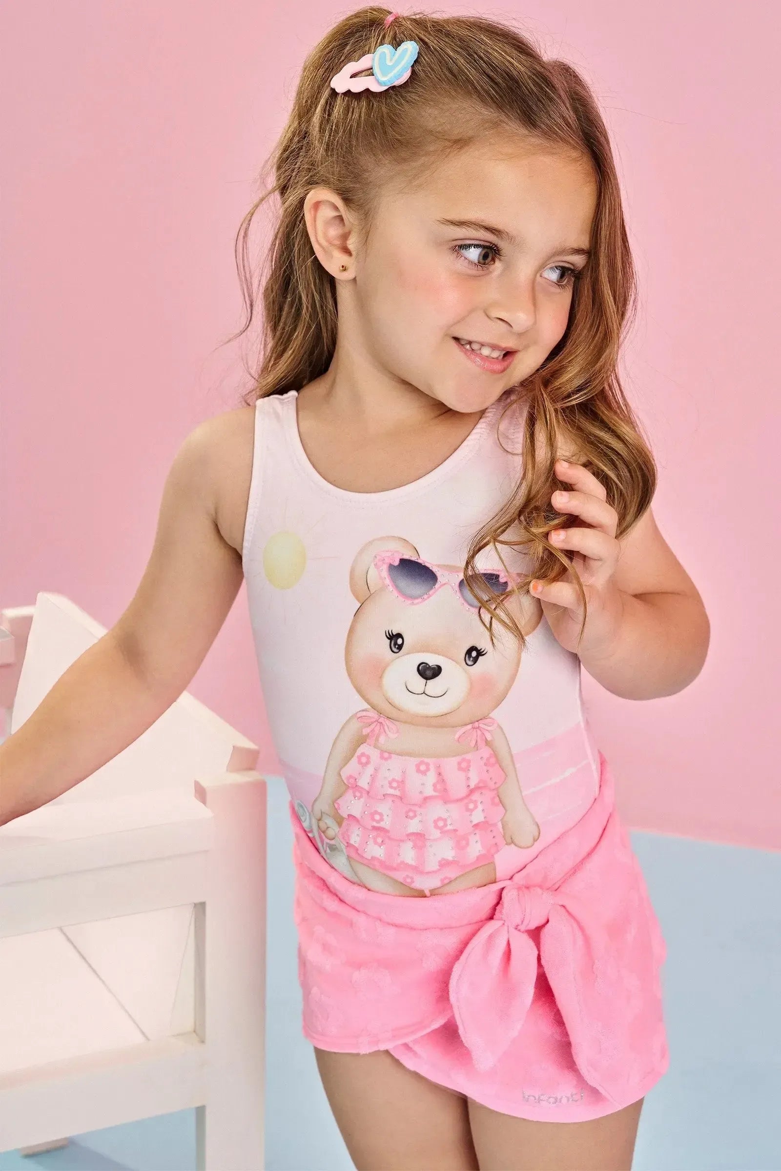 Conjunto de Maiô em Malha Uv Dry com Proteção Uv 50+ com Saia em Malha Atoalhada 85078 Infanti Infantil Menina