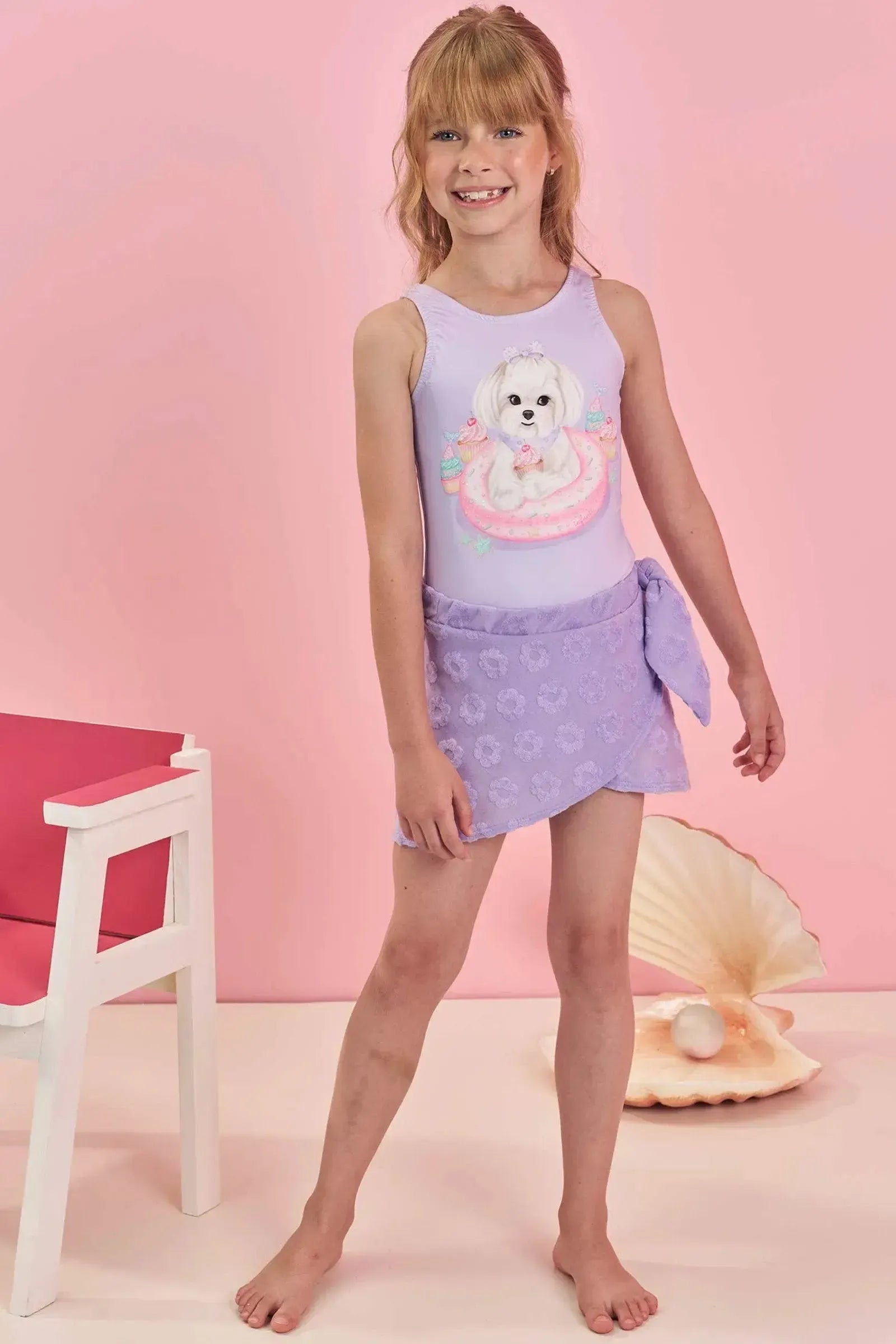 Conjunto de Maiô em Malha Uv Dry com Proteção Uv 50+ com Saia em Malha Atoalhada 85078 Infanti Infantil Menina