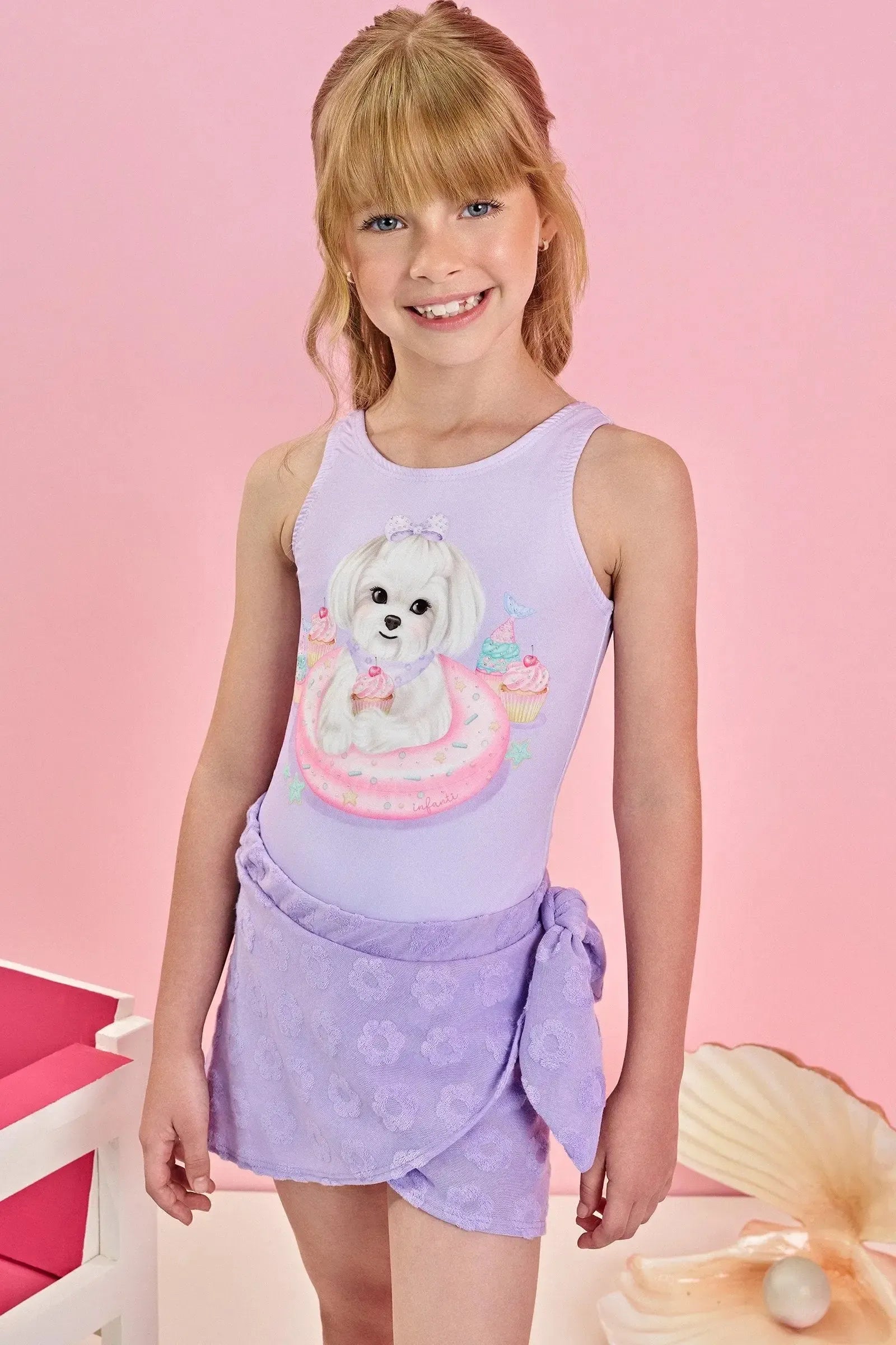 Conjunto de Maiô em Malha Uv Dry com Proteção Uv 50+ com Saia em Malha Atoalhada 85078 Infanti Infantil Menina