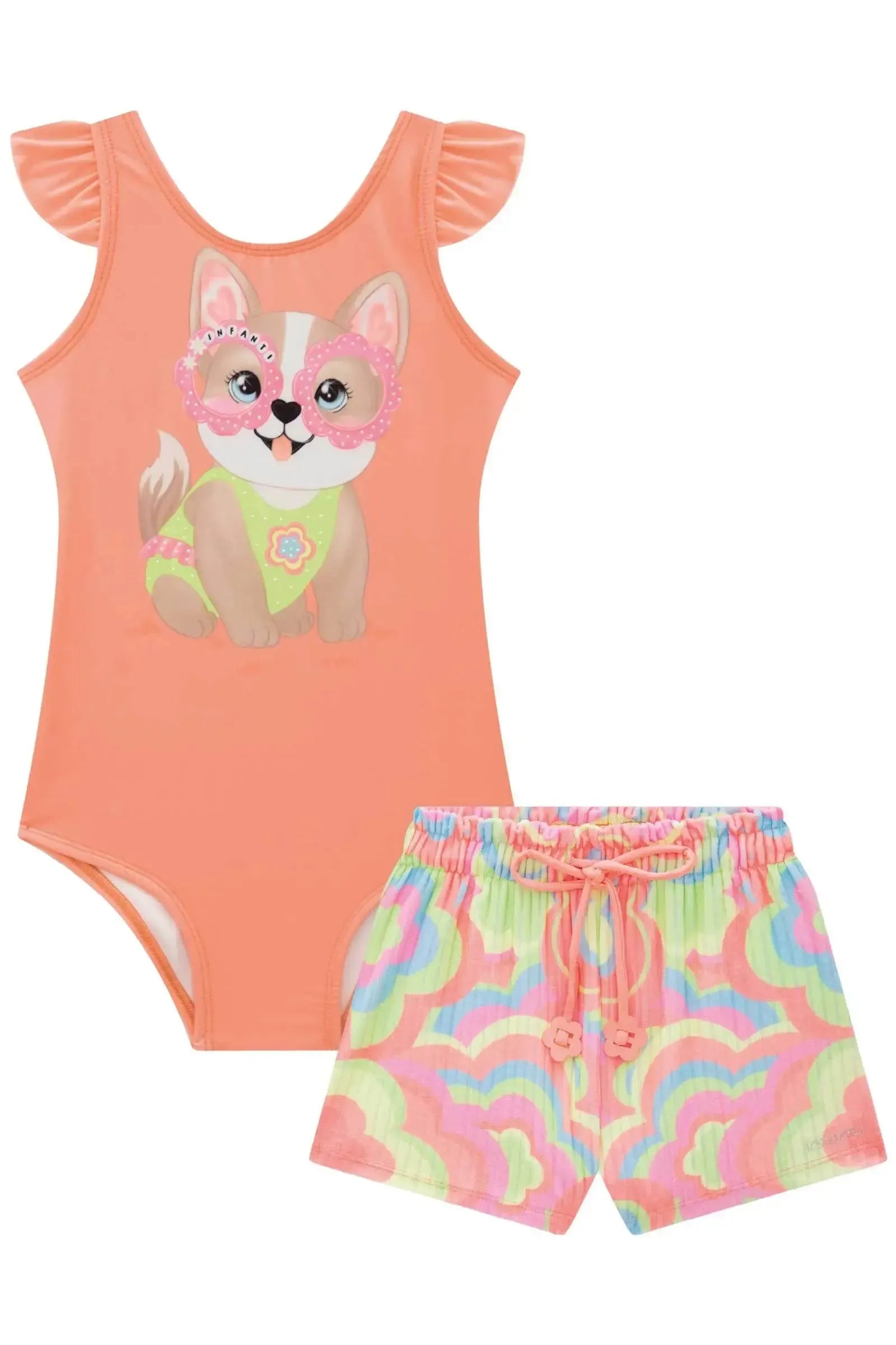 Conjunto de Maiô em Malha UV Dry Proteçã 50+ com Shorts em Malha Atoalhada 88911 Infanti Infantil Menina