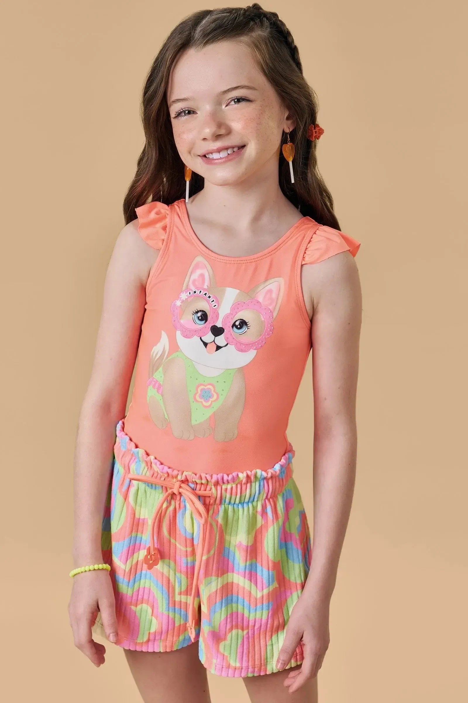 Conjunto de Maiô em Malha UV Dry Proteçã 50+ com Shorts em Malha Atoalhada 88911 Infanti Infantil Menina