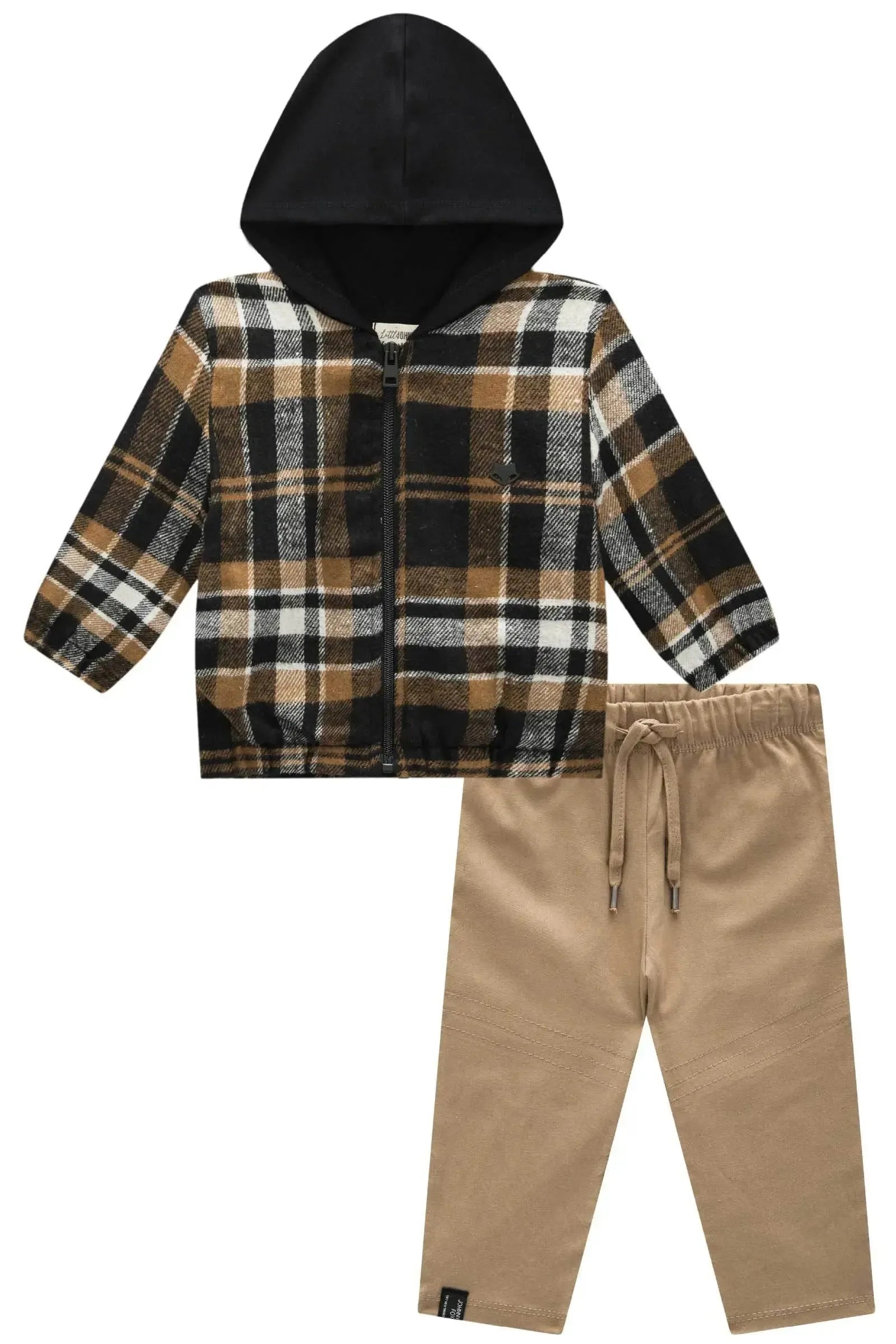 Conjunto de Overshirt em Flanela Xadrez e Calça Comfy em Sarja Girassol com Elastano 92353 Johnny Fox Bebê Menino