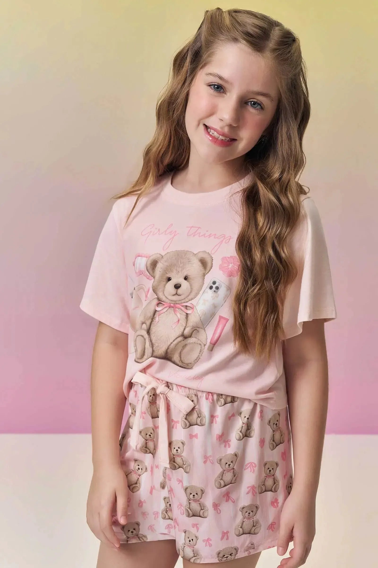 Conjunto de Pijama com Blusa em Meia Malha e Shorts em Malha Fresh 95089 Vic&Vicky Teen Menina