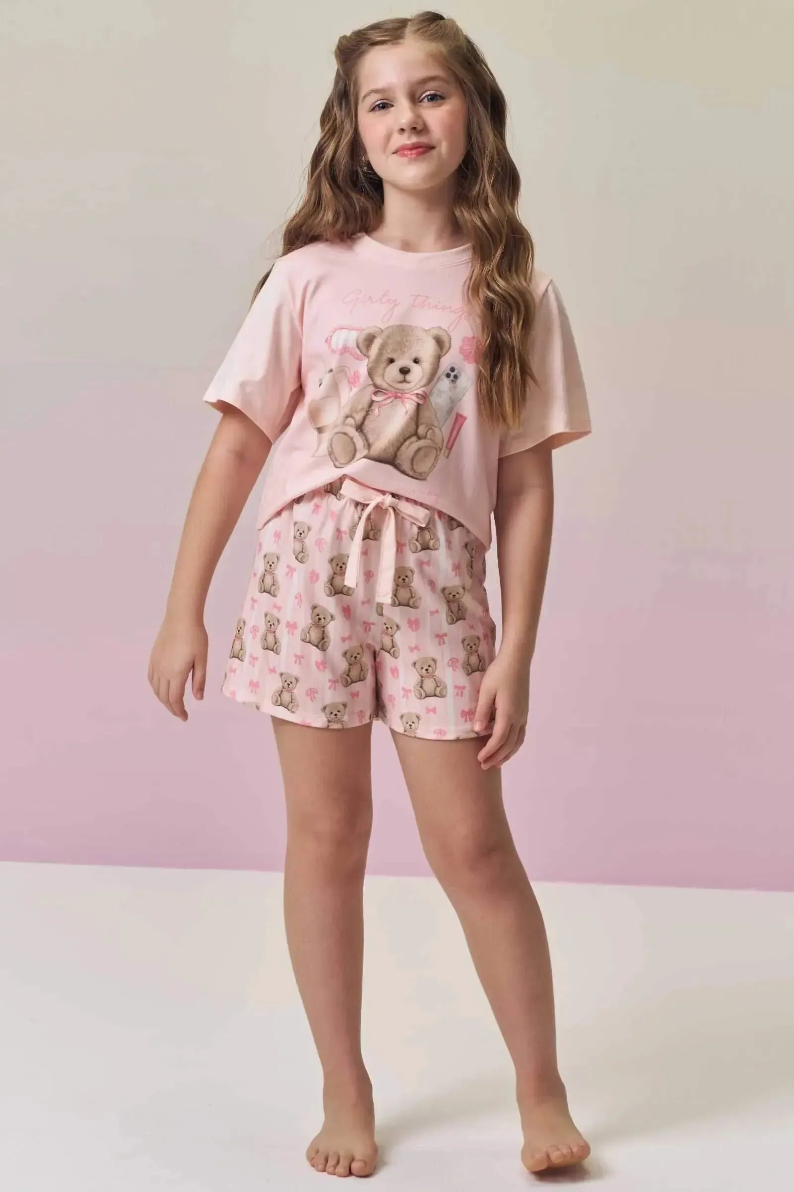 Conjunto de Pijama com Blusa em Meia Malha e Shorts em Malha Fresh 95089 Vic&Vicky Teen Menina