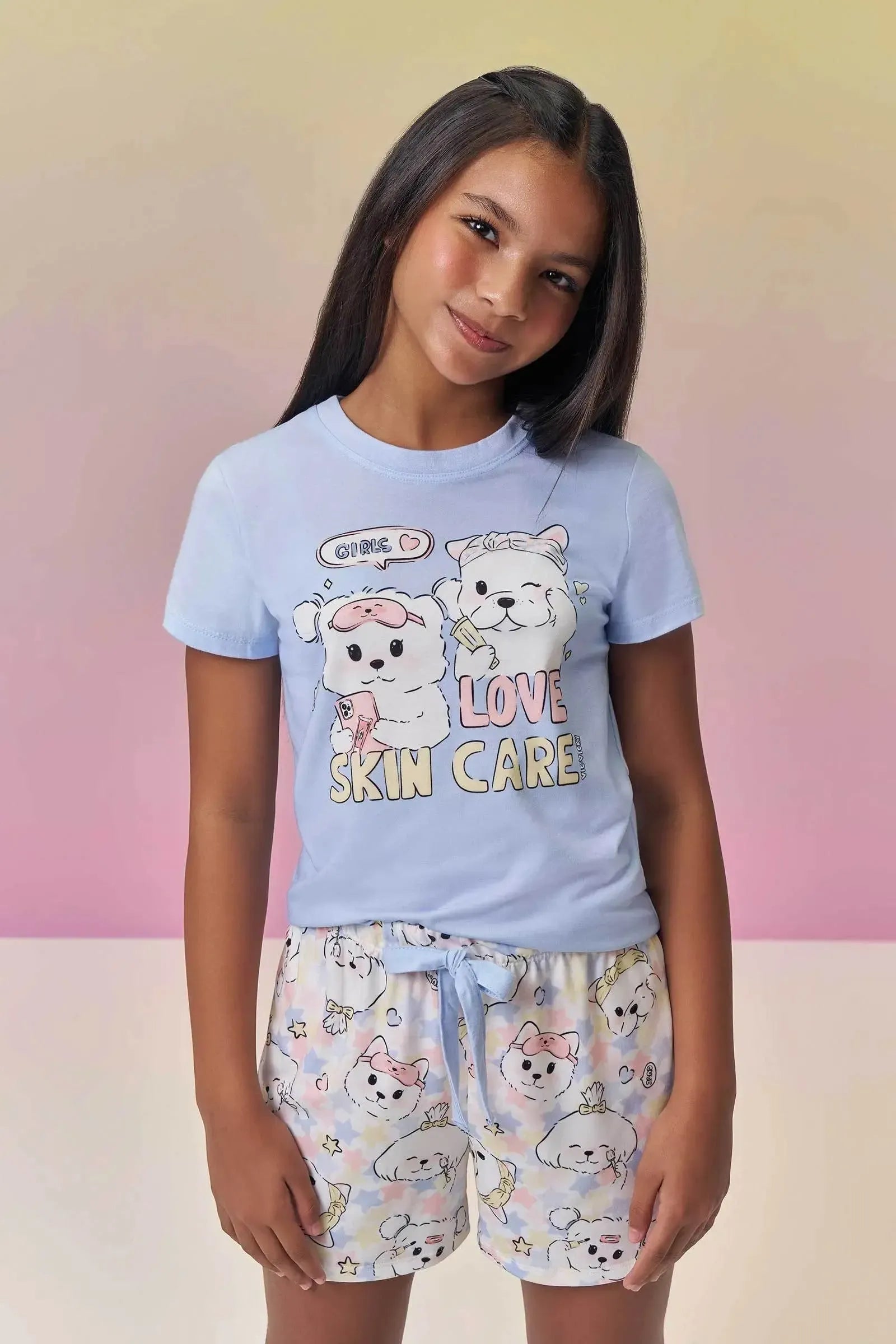 Conjunto de Pijama com Blusa em Meia Malha e Shorts em Malha Fresh 95091 Vic&Vicky Teen Menina