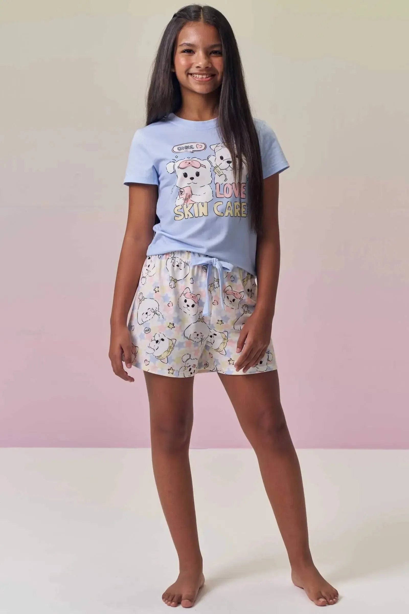 Conjunto de Pijama com Blusa em Meia Malha e Shorts em Malha Fresh 95091 Vic&Vicky Teen Menina