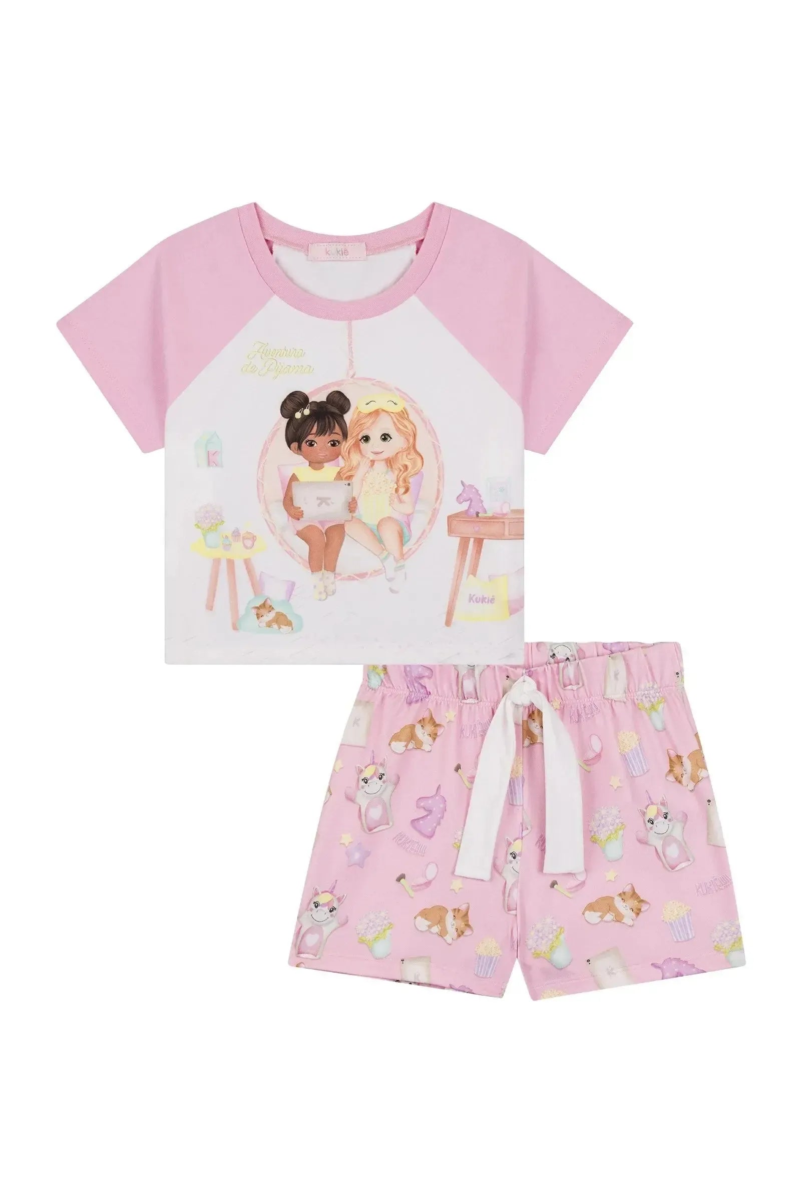 Conjunto de Pijama de Blusa Boxy e Shorts em Malha Comfy 86967 Kukiê Infantil Menina