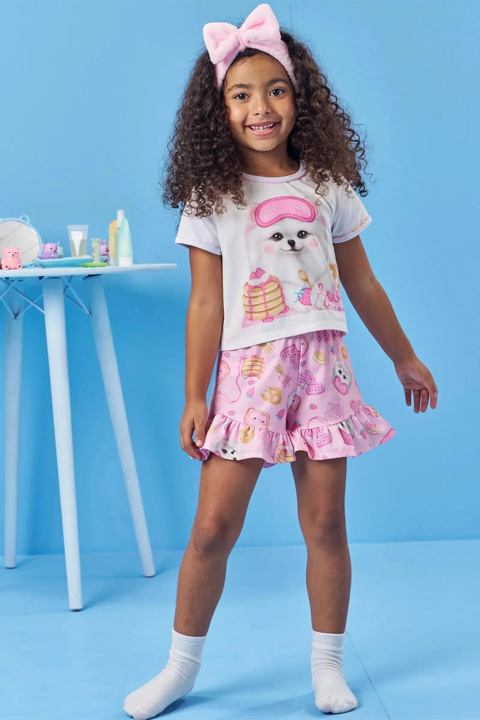 Conjunto de Pijama de Blusa Boxy em Meia Malha e Shorts em Malha Comfy 83069 Kukiê Infantil Menina