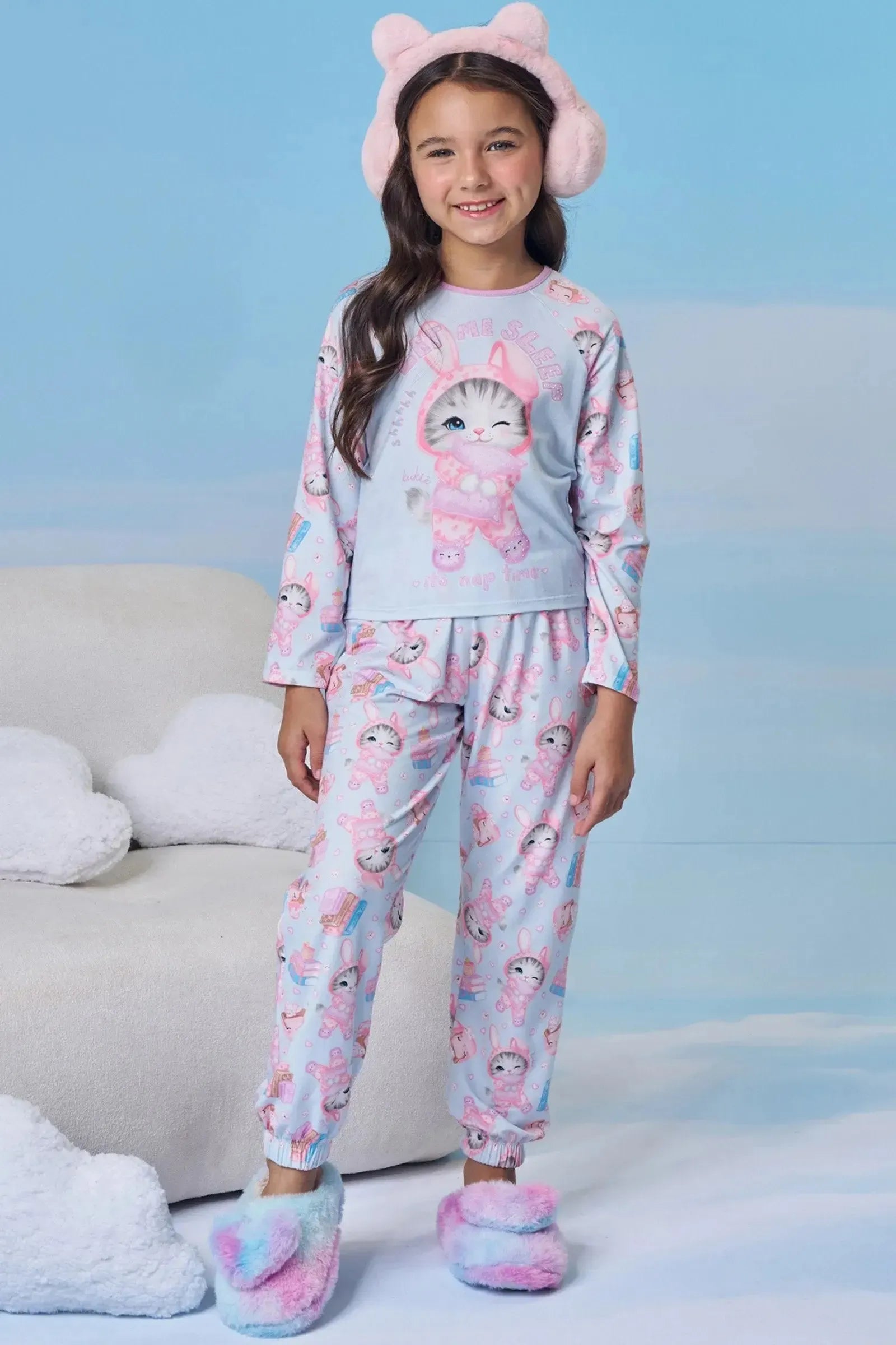 Conjunto de Pijama de Blusa e Calça em Malha Comfy 92503 Kukiê Infantil Menina