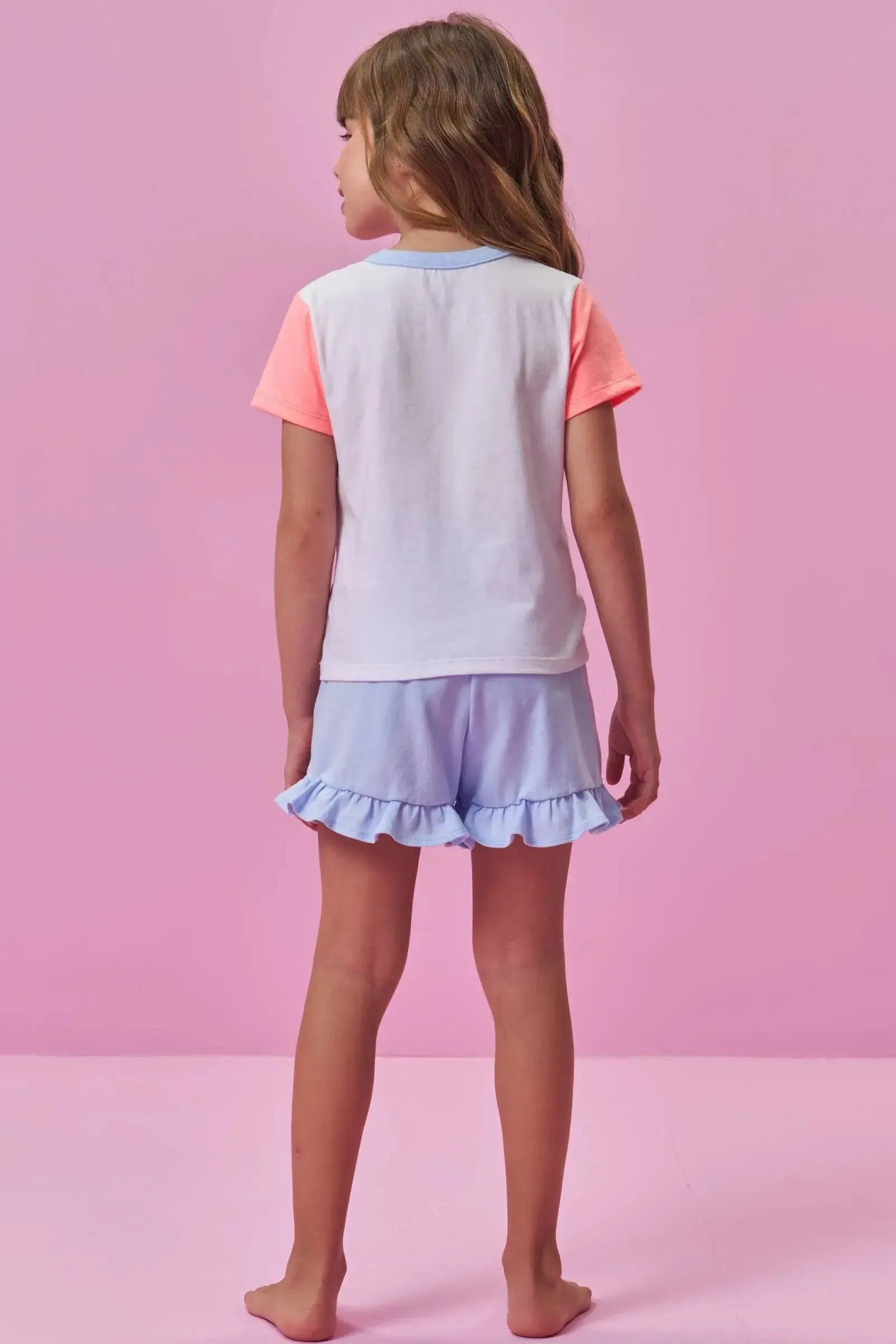 Conjunto de Pijama de Blusa e Shorts em Meia Malha 94315 Kukiê Infantil Menina