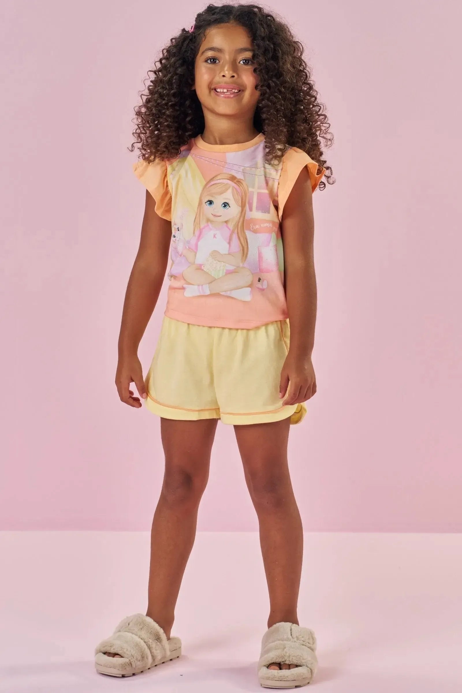 Conjunto de Pijama de Blusa em Flamê e Shorts em Meia Malha 88747 Kukiê Infantil Menina