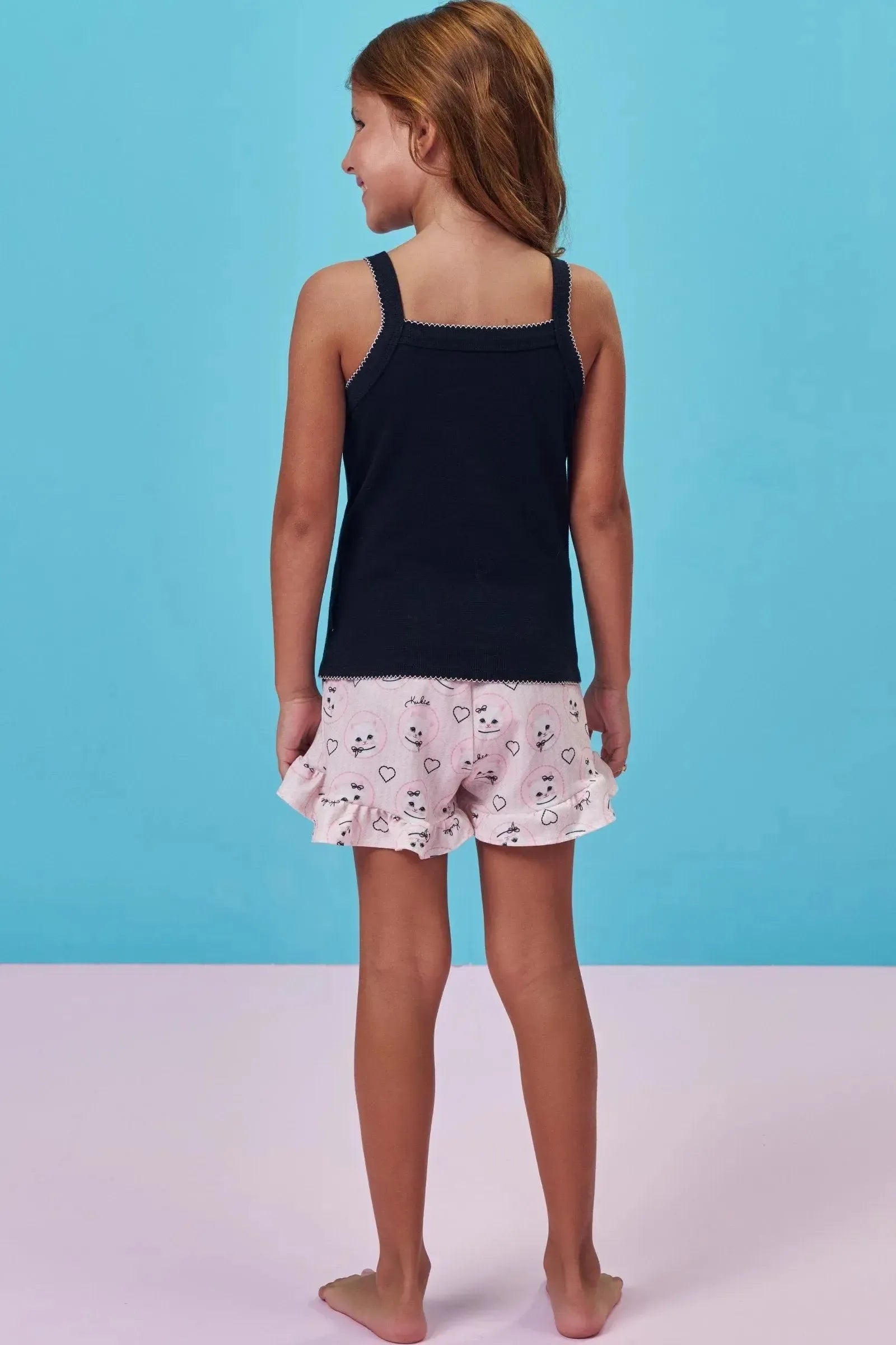 Conjunto de Pijama de Regata em Malha Canelada e Shorts em Malha Fresh 99706 Kukiê Infantil Menina