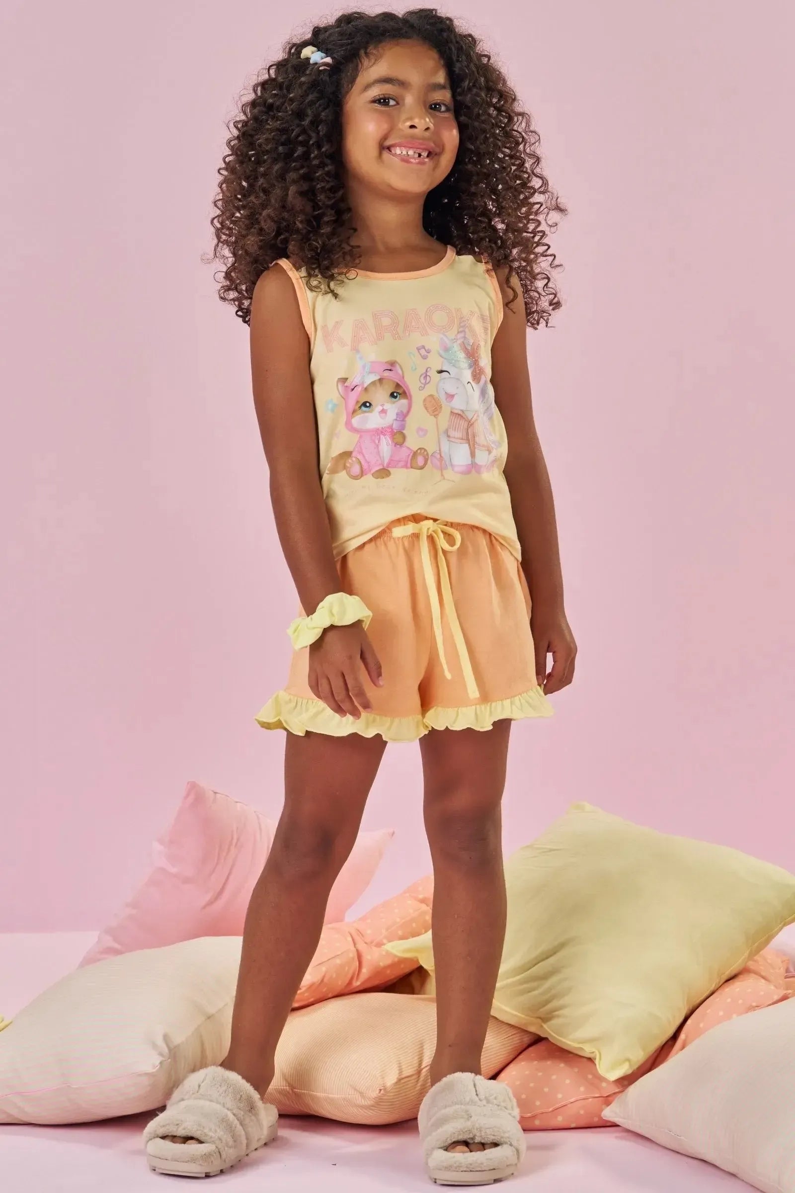 Conjunto de Pijama de Regata em Meia Malha e Shorts em Flamê 88745 Kukiê Infantil Menina