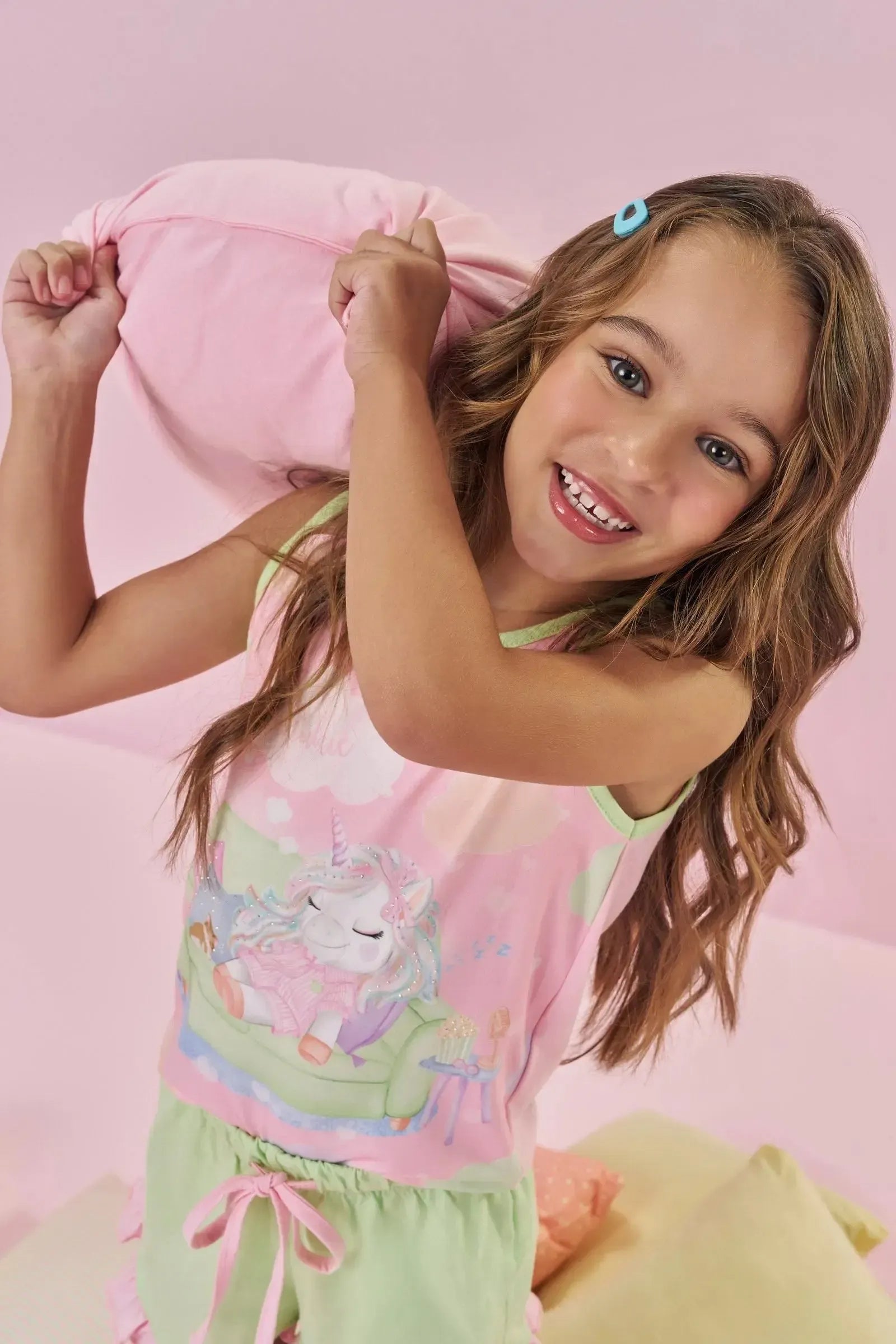 Conjunto de Pijama de Regata em Meia Malha e Shorts em Meia Malha Flamê 86971 Kukiê Infantil Menina