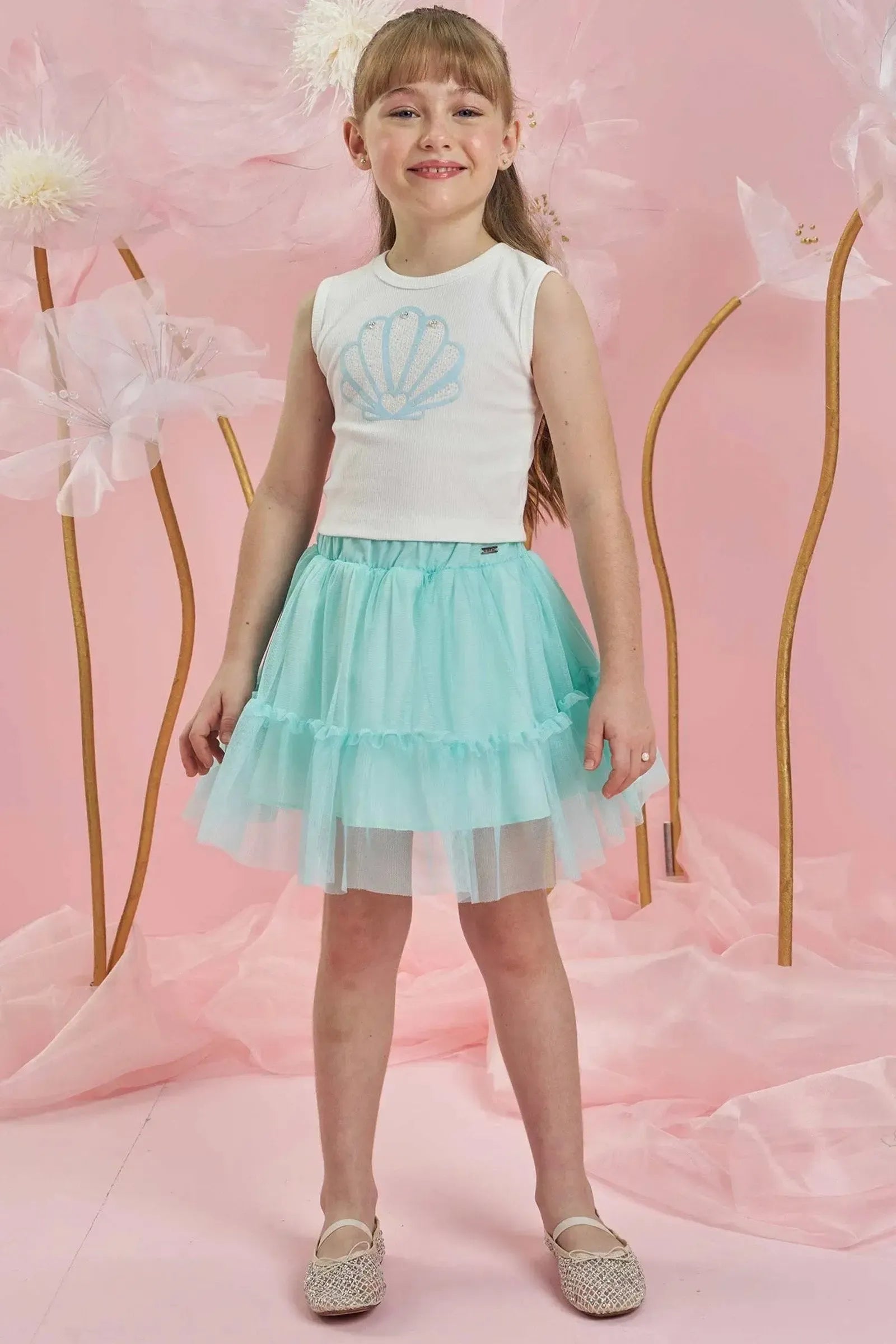 Conjunto de Regata Cropped em Canelado Liz e Saia em Tule. Com Shorts Embutido 83986 Infanti Infantil Menina