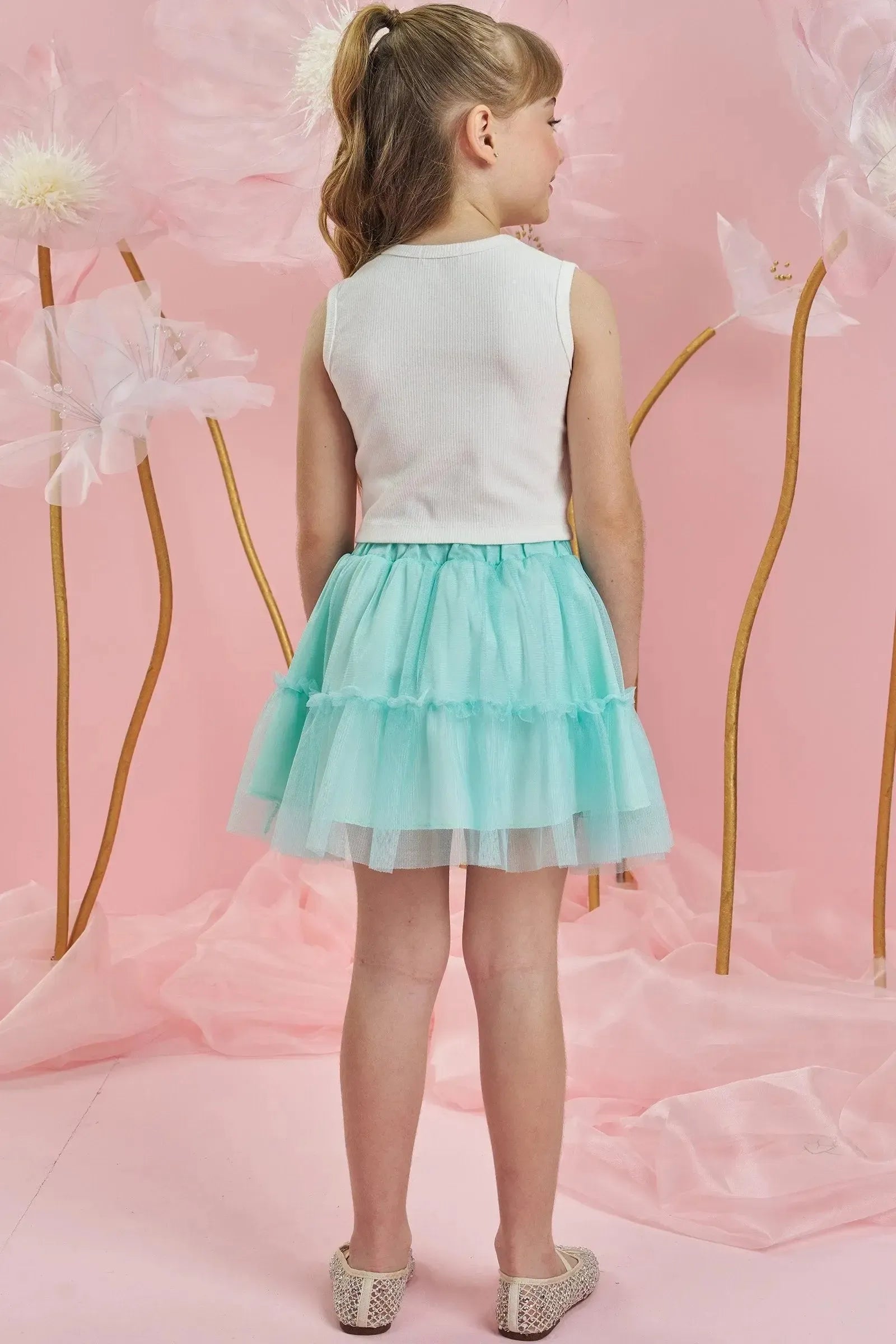 Conjunto de Regata Cropped em Canelado Liz e Saia em Tule. Com Shorts Embutido 83986 Infanti Infantil Menina