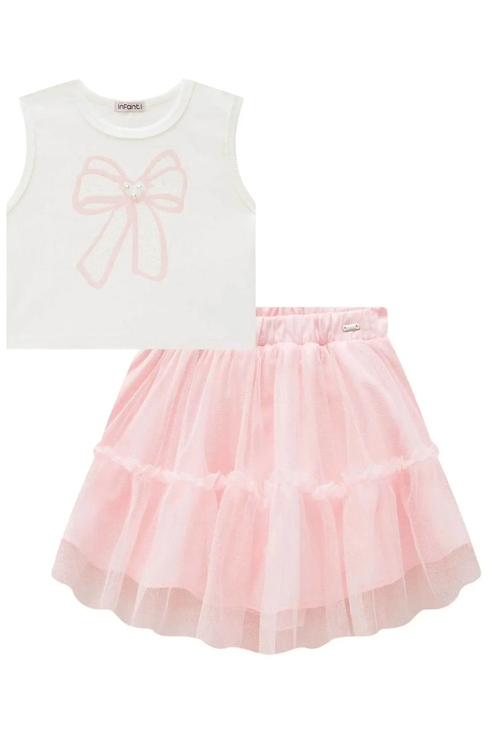 Conjunto de Regata Cropped em Canelado Liz e Saia em Tule. Com Shorts Embutido 83986 Infanti Infantil Menina