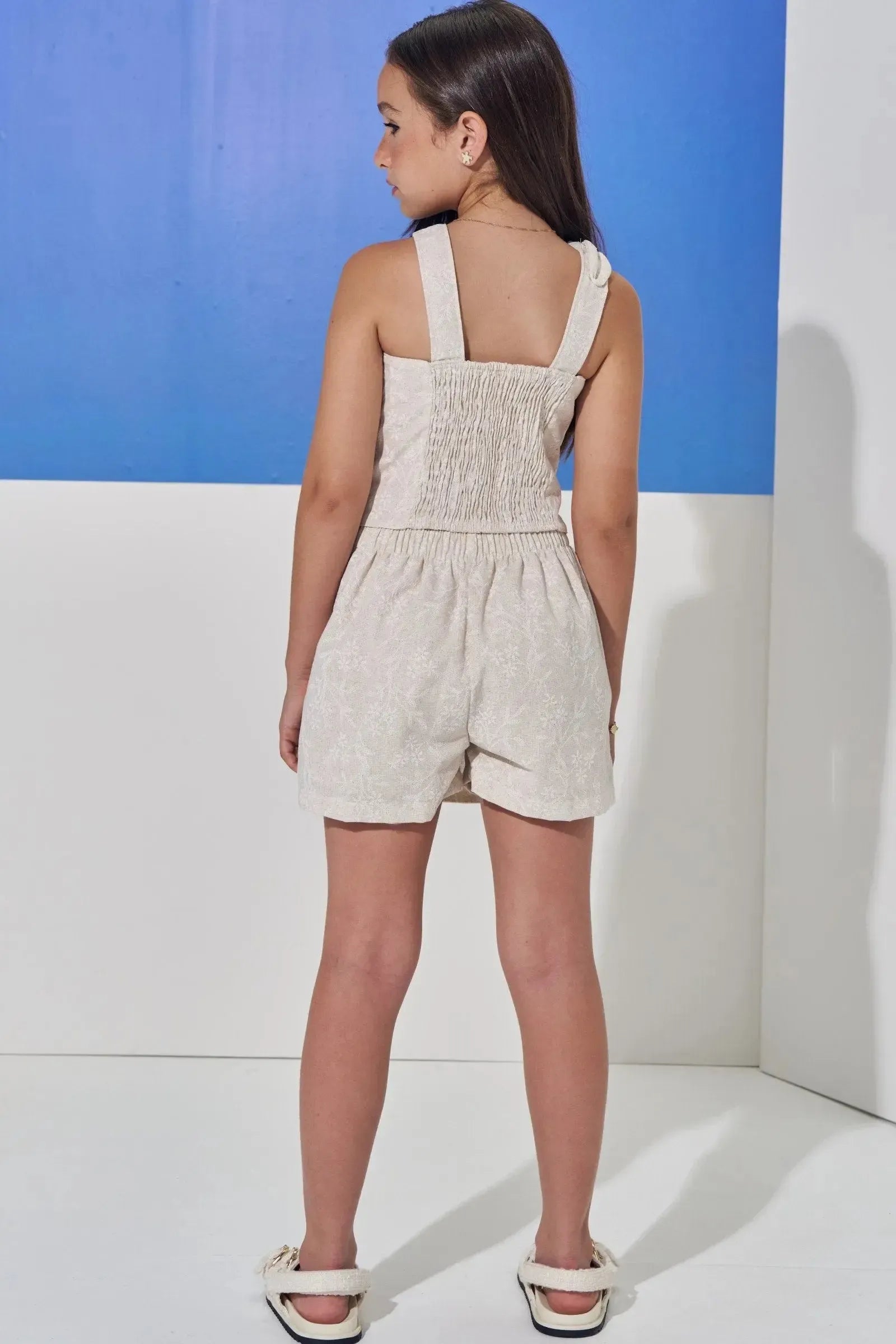 Conjunto de Regata e Short Saia em Linho Estampado 98215 Vic Teen Menina