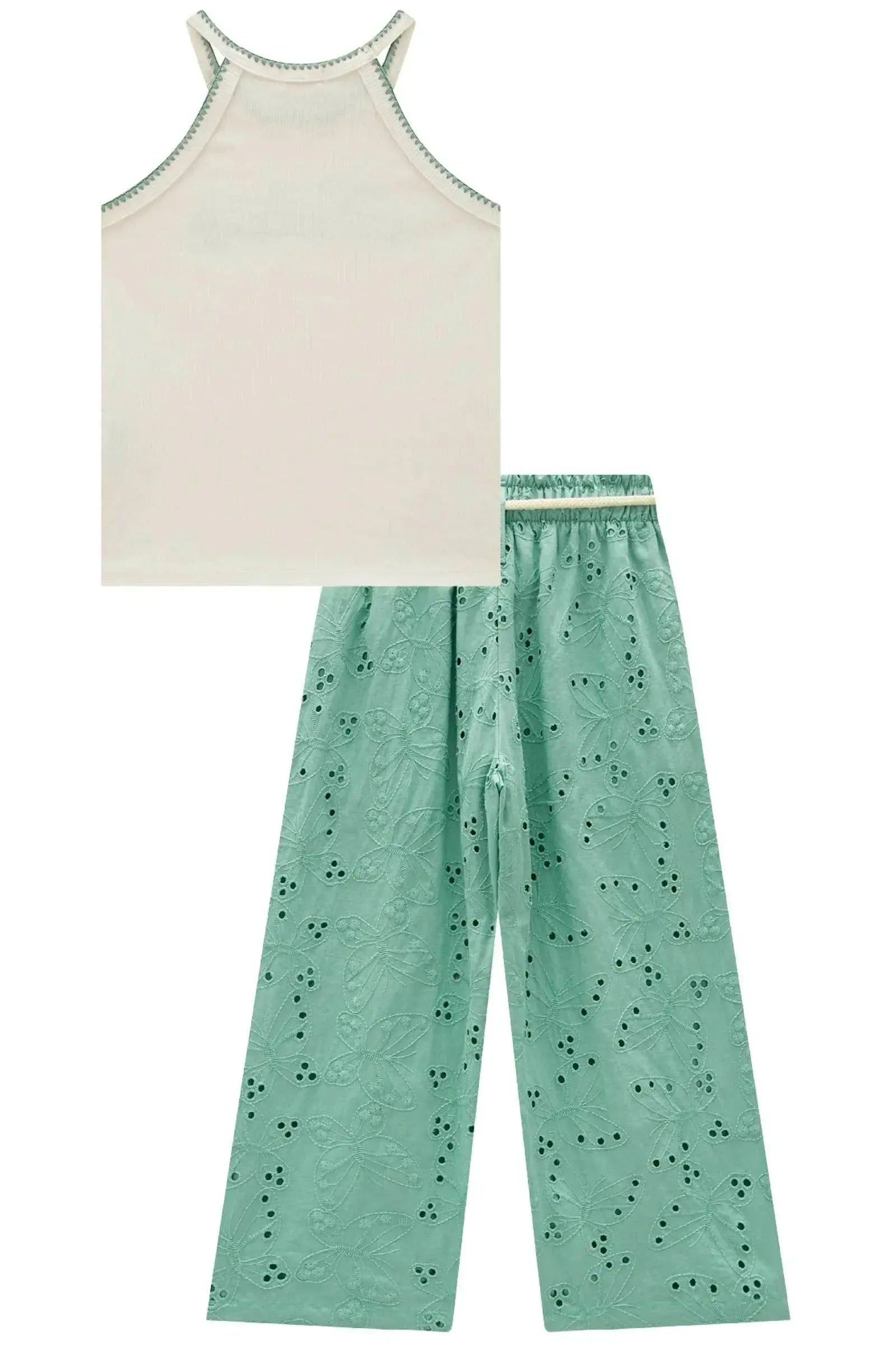 Conjunto de Regata em Canelado e Calça Cropped em Tecido Bordado. (Com Short Embutido) 98937 Kukiê Infantil Menina