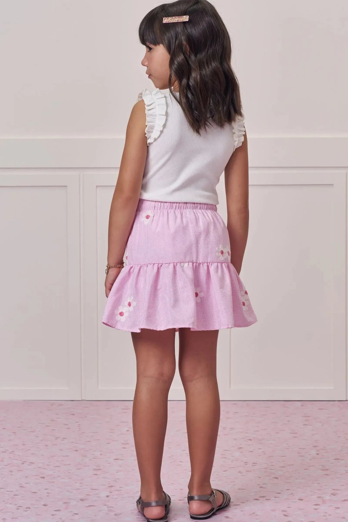 Conjunto de Regata em Canelado Liz com Saia em Tricoline Bordado. Com Shorts Embutido 98824 Infanti Infantil Menina