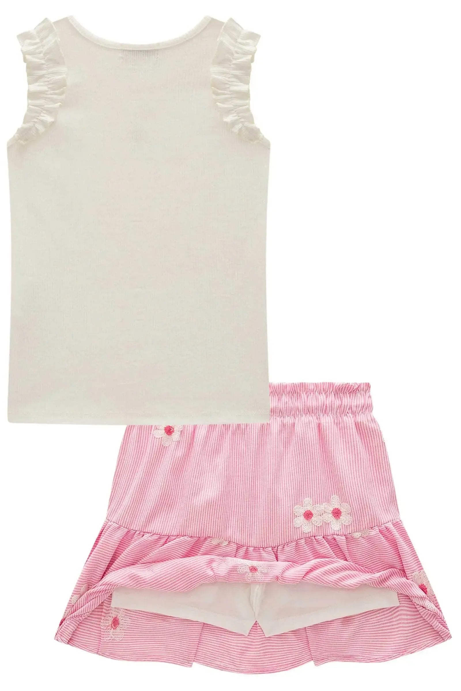 Conjunto de Regata em Canelado Liz com Saia em Tricoline Bordado. Com Shorts Embutido 98824 Infanti Infantil Menina