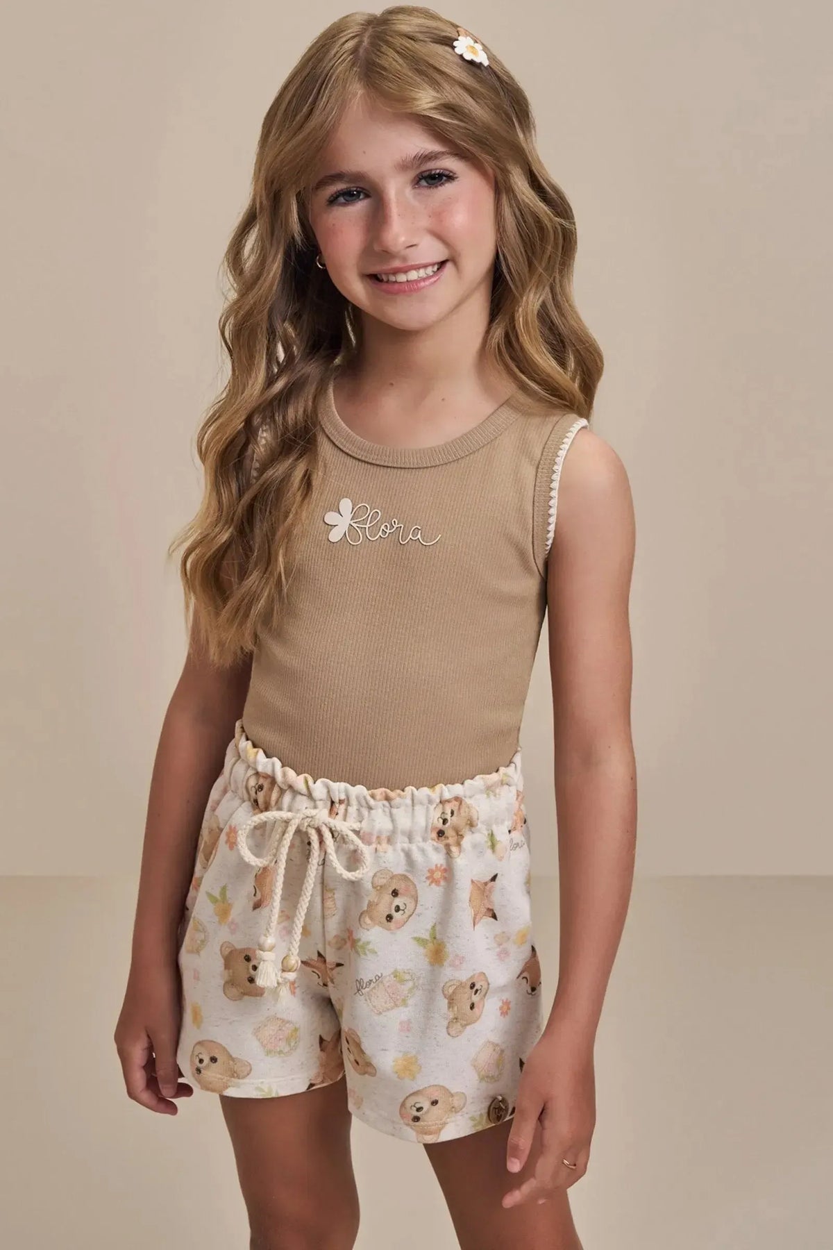 Conjunto de Regata em Canelado Liz com Shorts em Moletom sem Pelúcia 99151 Infanti Infantil Menina