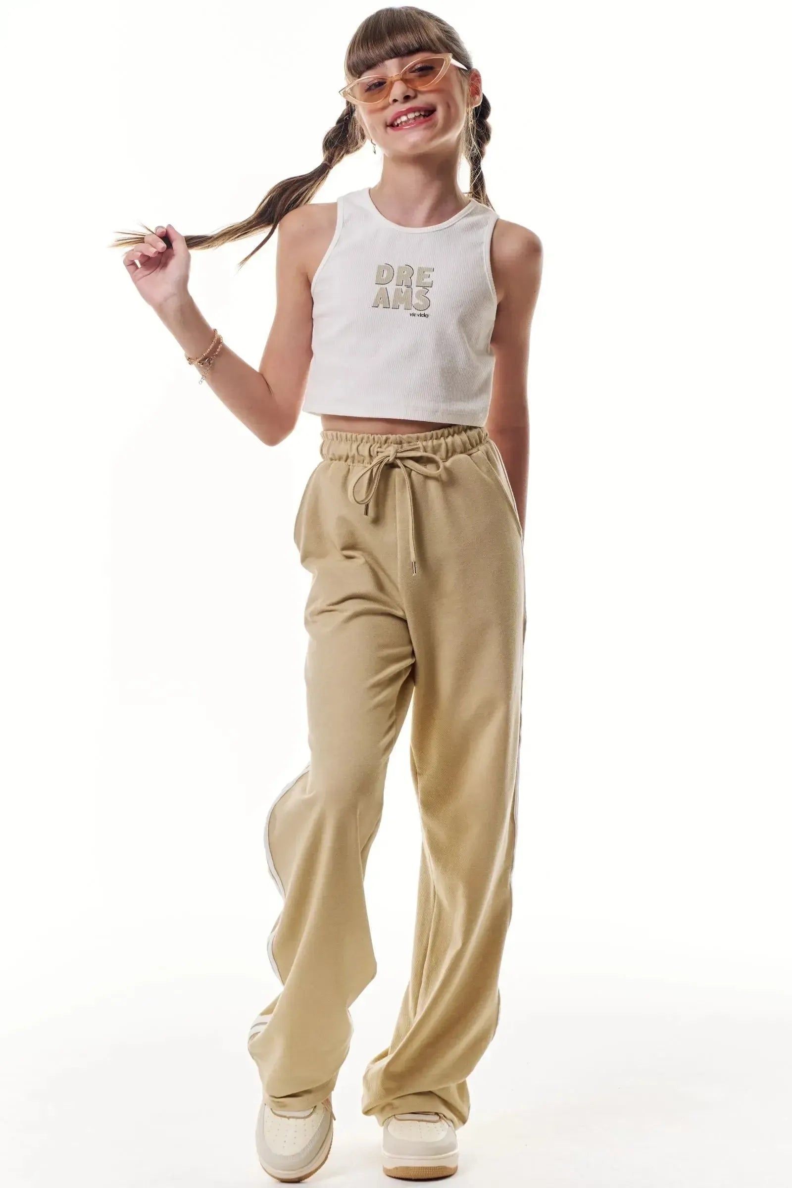 Conjunto de Regata em Canelado Liz e Calça Wide Leg em Cotton Jeans 95958 Vic&Vicky Teen Menina