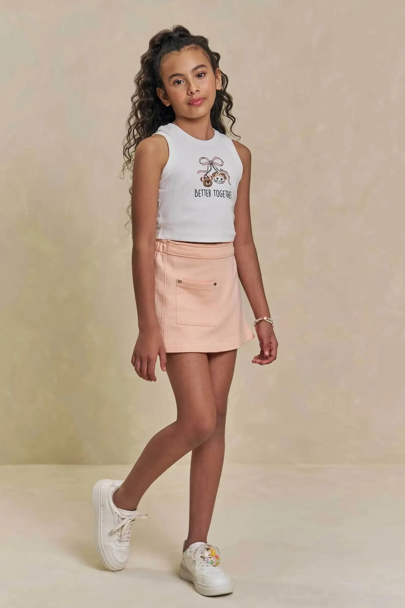 Conjunto de Regata em Canelado Liz e Short Saia em Moletom sem Pelúcia 96234 Lilimoon Teen Menina