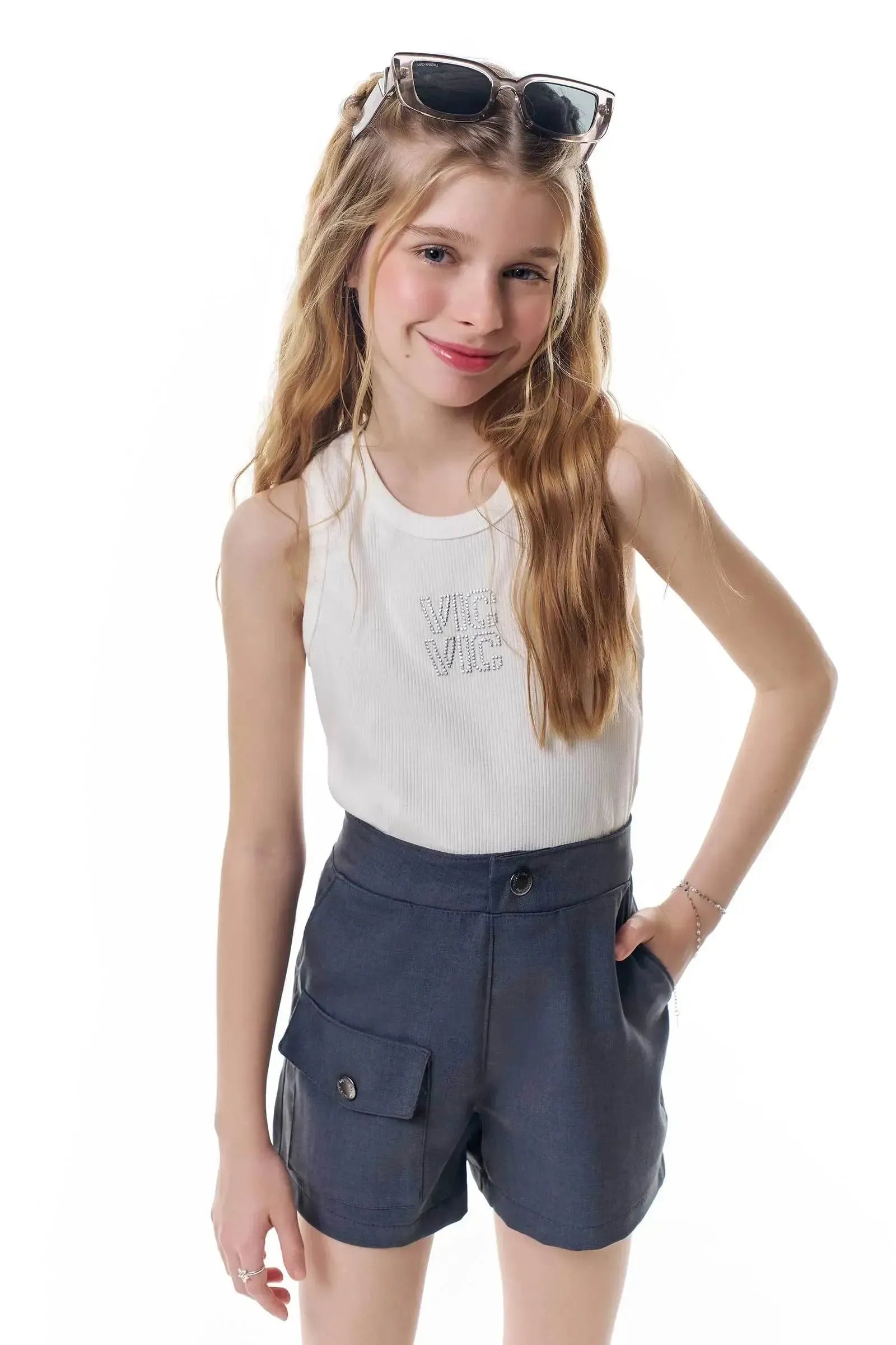 Conjunto de Regata em Canelado Liz e Shorts em Alfaiataria Premium Melange 95951 Vic&Vicky Teen Menina