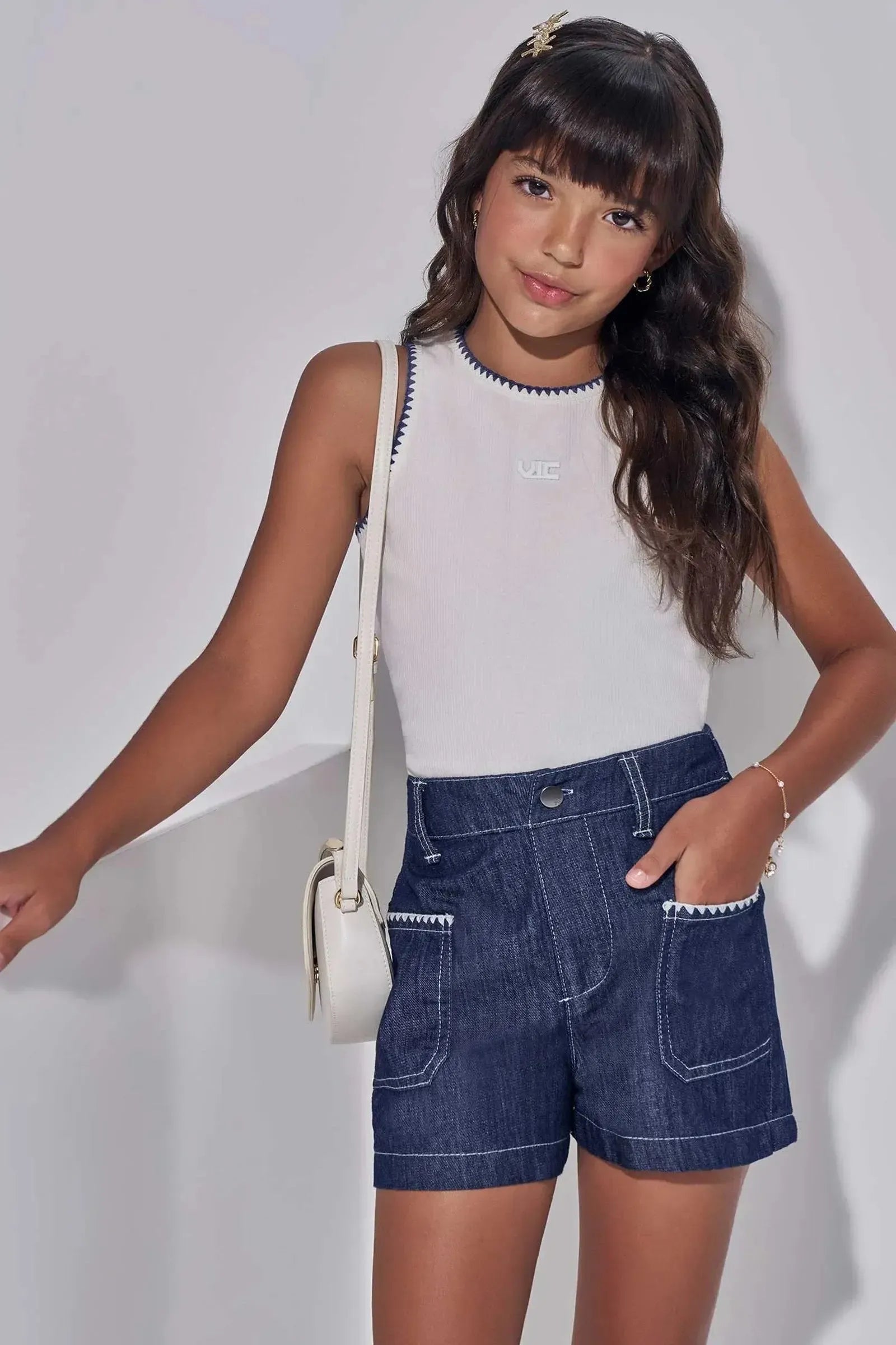 Conjunto de Regata em Canelado Liz e Shorts em Jeans Leve com Elastano 98242 Vic Teen Menina