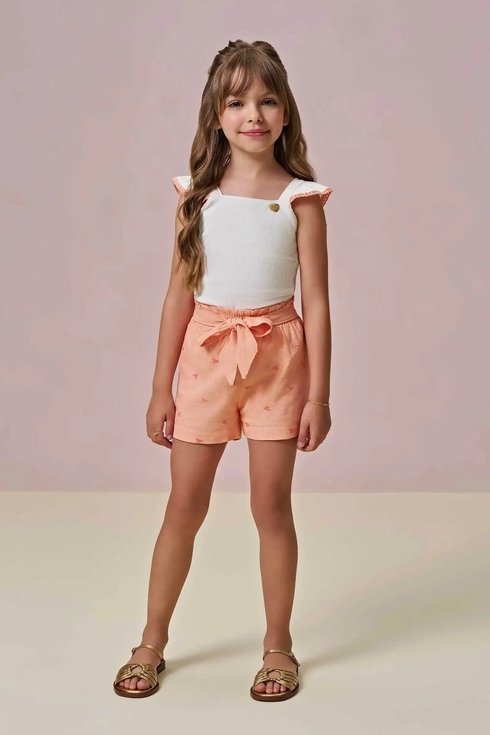 Conjunto de Regata em Canelado Liz e Shorts em Linho Bordado Corações 96652 Infanti Infantil Menina