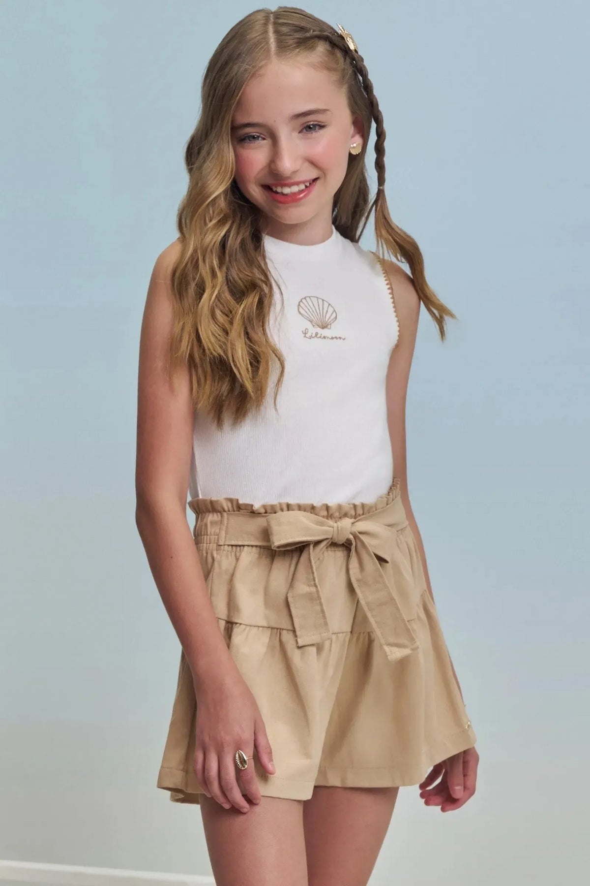 Conjunto de Regata em Canelado Liz e Shorts em Linho Santorine com Elastano 99339 Lilimoon Teen Menina