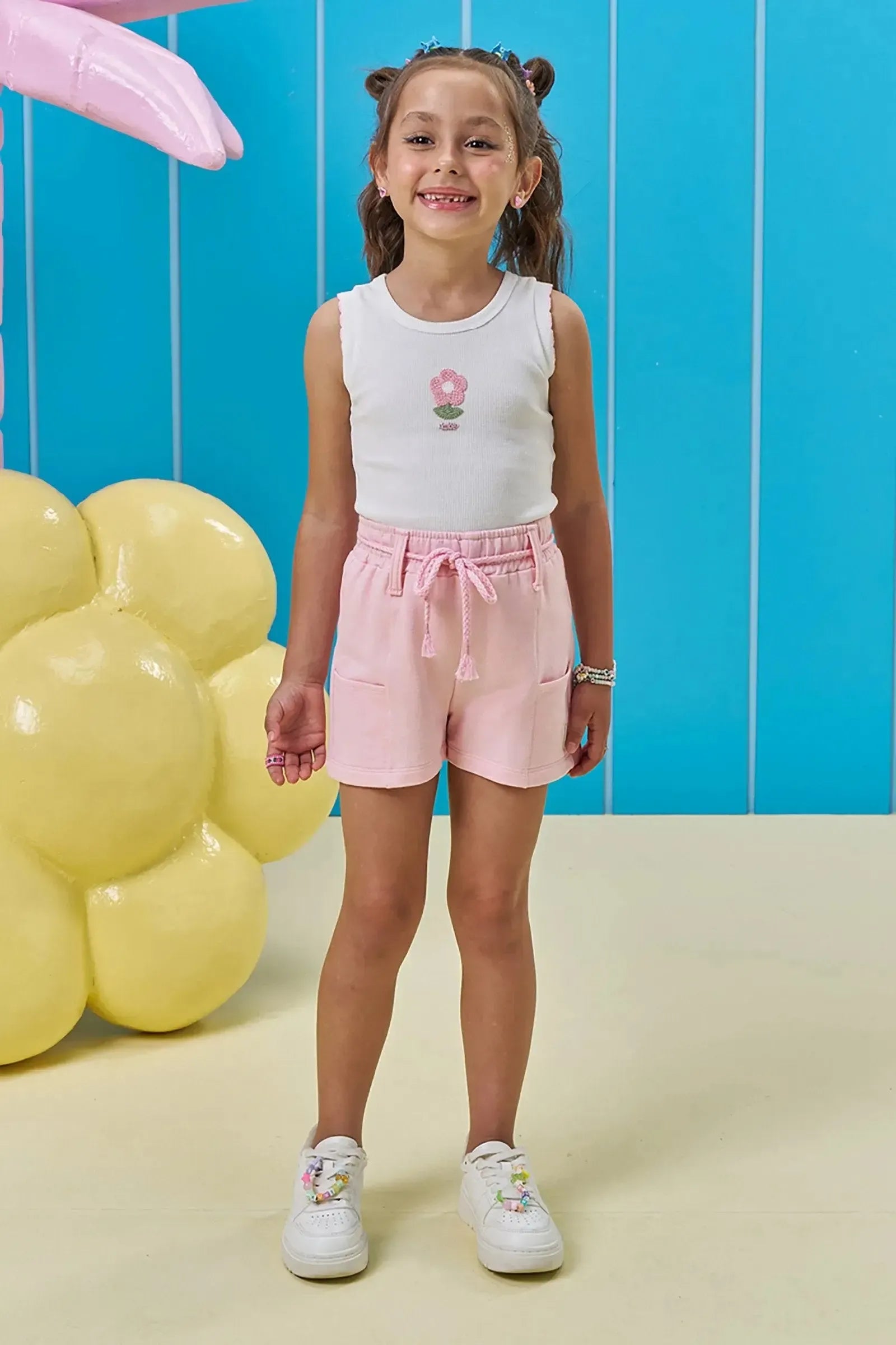 Conjunto de Regata em Canelado Liz e Shorts em Moletom sem Pelúcia 95086 Kukiê Infantil Menina