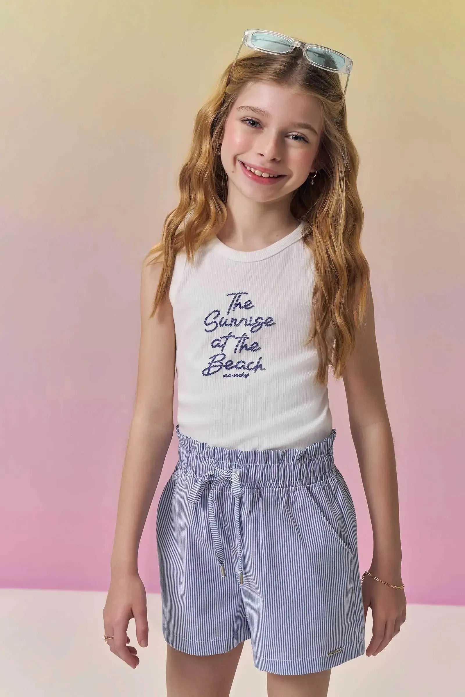 Conjunto de Regata em Canelado Liz e Shorts em Tricoline com Elastano 96871 Vic&Vicky Teen Menina