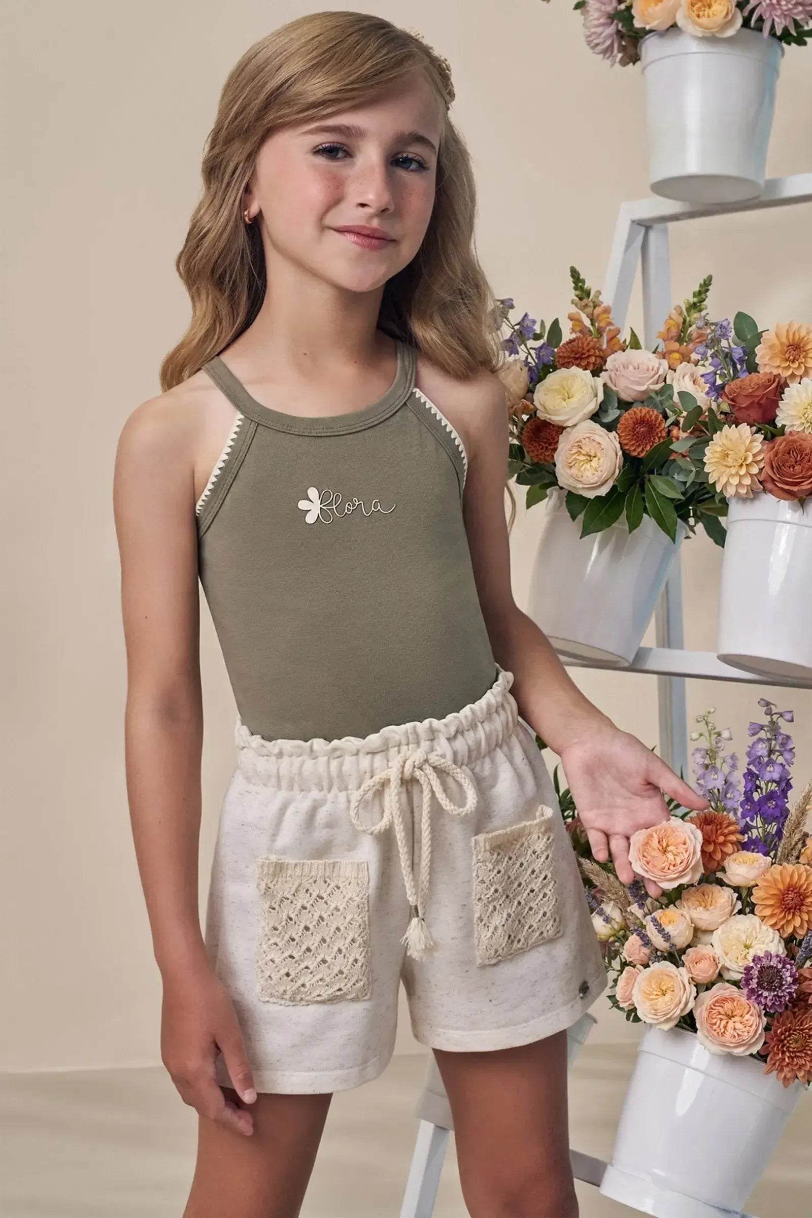 Conjunto de Regata em Cotton com Shorts em Moletom sem Pelúcia 99170 Infanti Infantil Menina