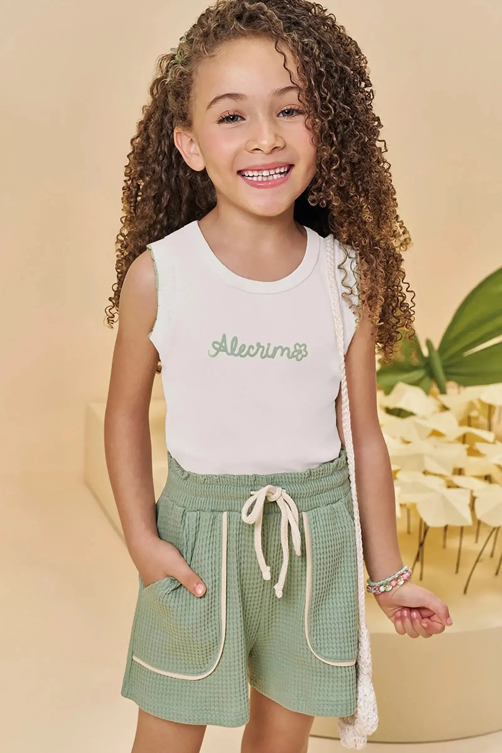 Conjunto de Regata em Cotton e Shorts em Malha Big Waffle 95568 Kukiê Infantil Menina