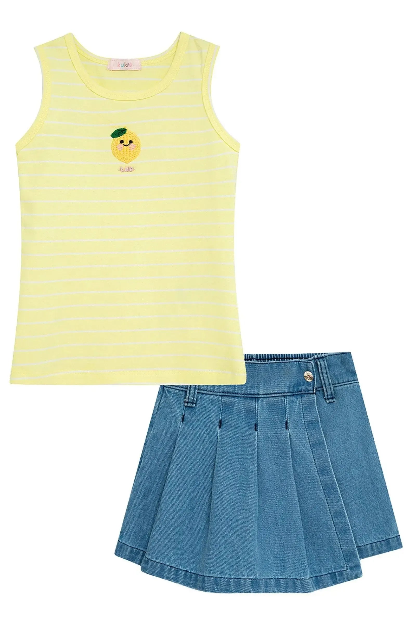 Conjunto de Regata em Cotton Fio Tinto e Short Saia em Jeans 95346 Kukiê Infantil Menina