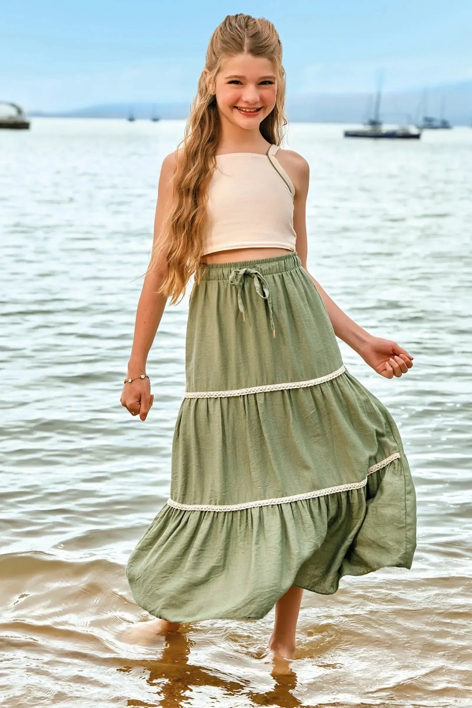 Conjunto de Regata em Linho com Elastano e Saia New Midi em Linho Capri 94424 Vic&Vicky Teen Menina