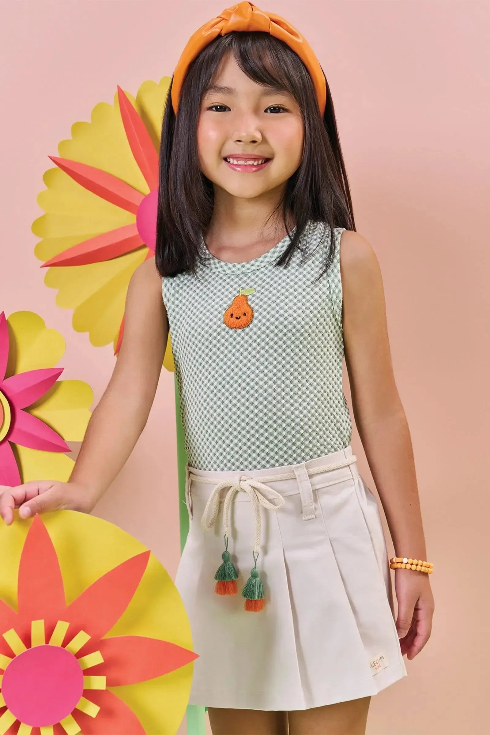 Conjunto de Regata em Malha Vichy Textura e Short Saia em Sarja com Elastano 85087 Kukiê Infantil Menina