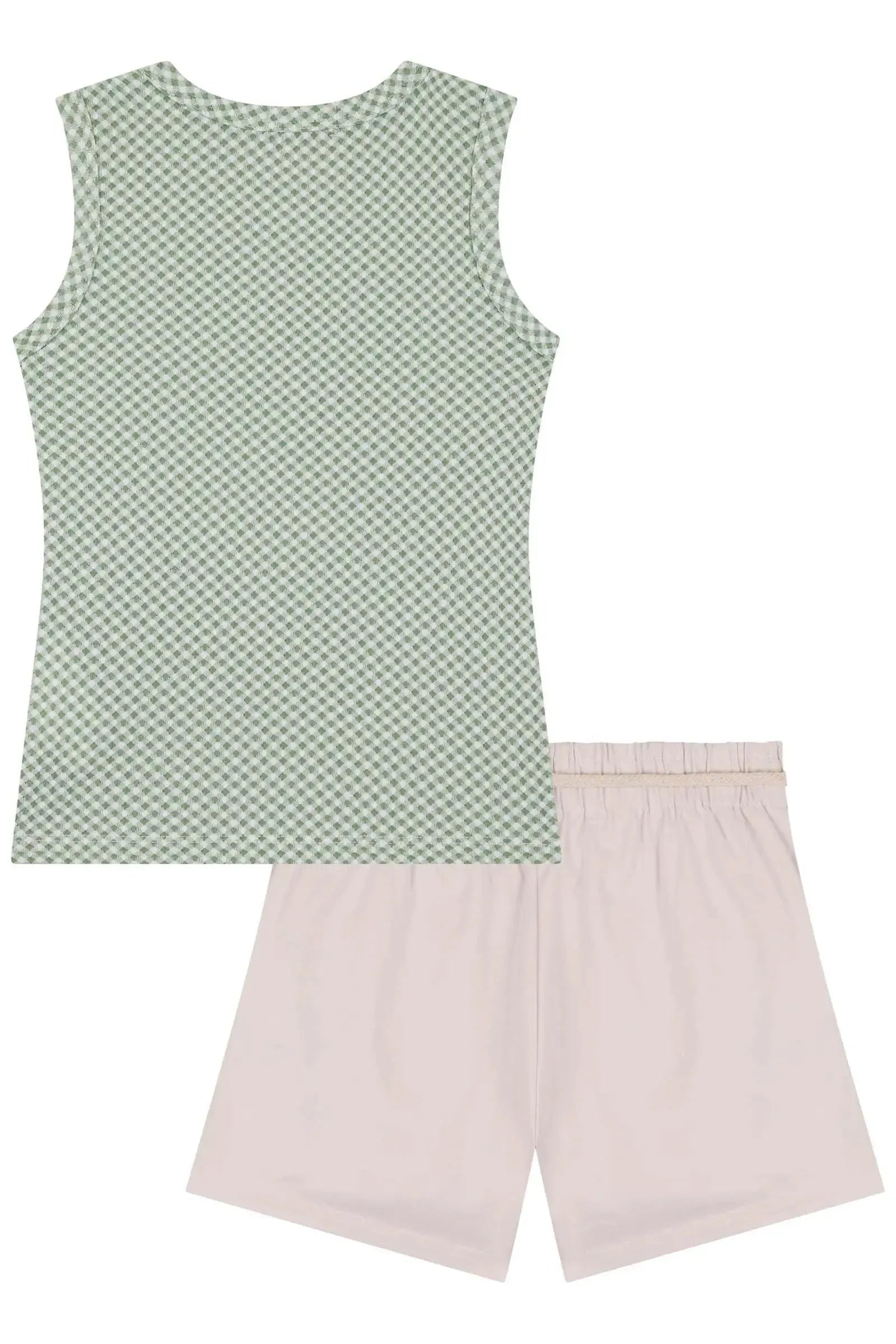 Conjunto de Regata em Malha Vichy Textura e Short Saia em Sarja com Elastano 85087 Kukiê Infantil Menina